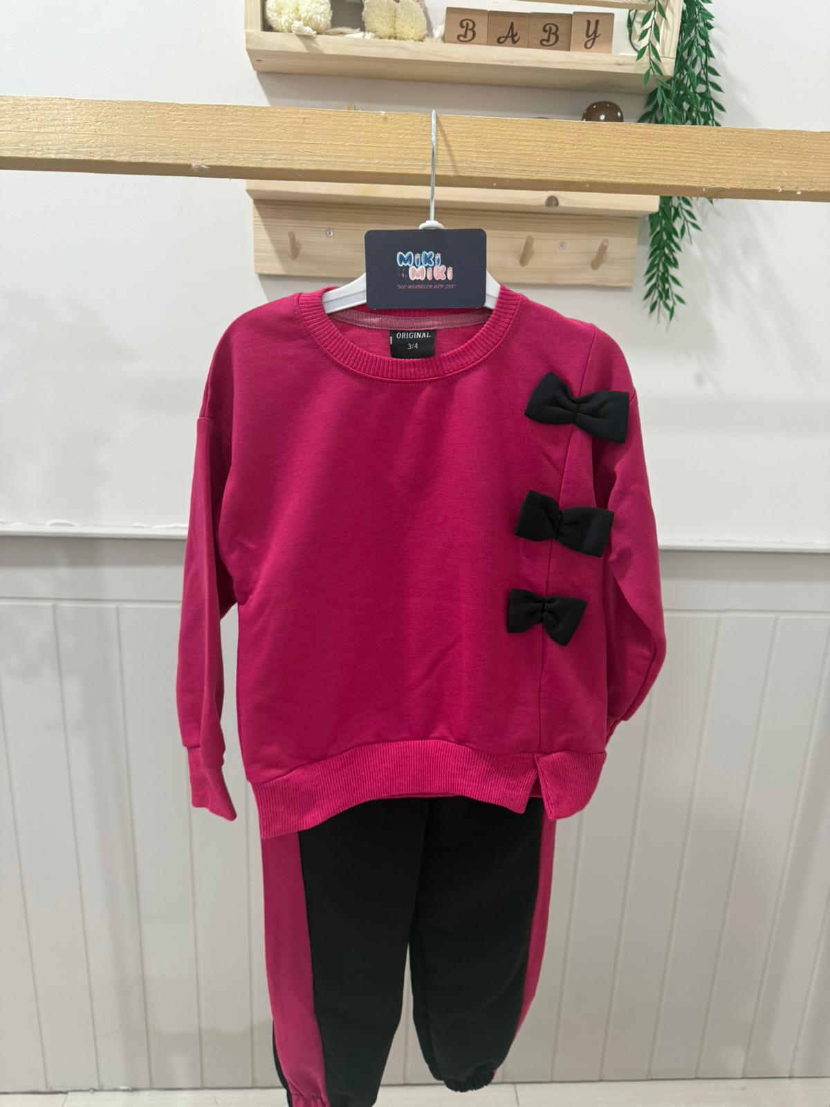 Fiyonklu Pamuklu Kız Takım Fuşya 3-4 Yaş