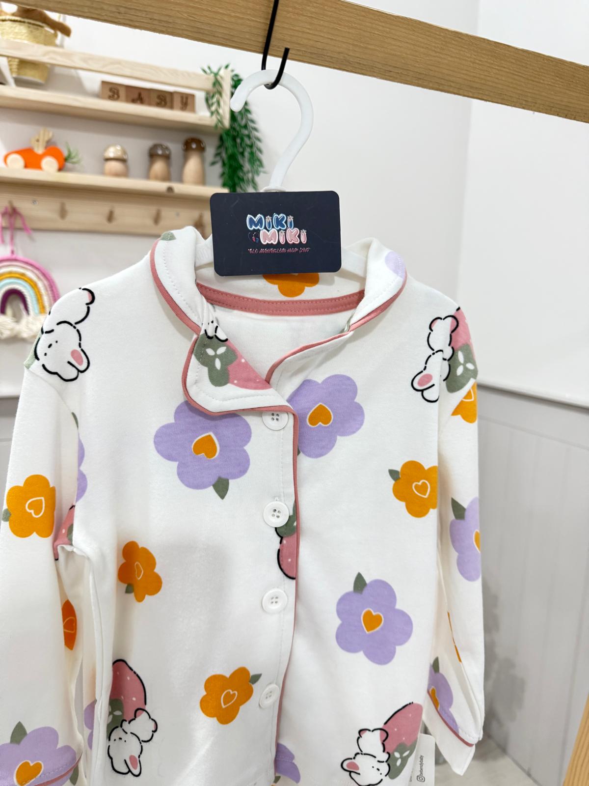 %100 Pamuk Renkli Çiçek Desenli Pijama Takımı