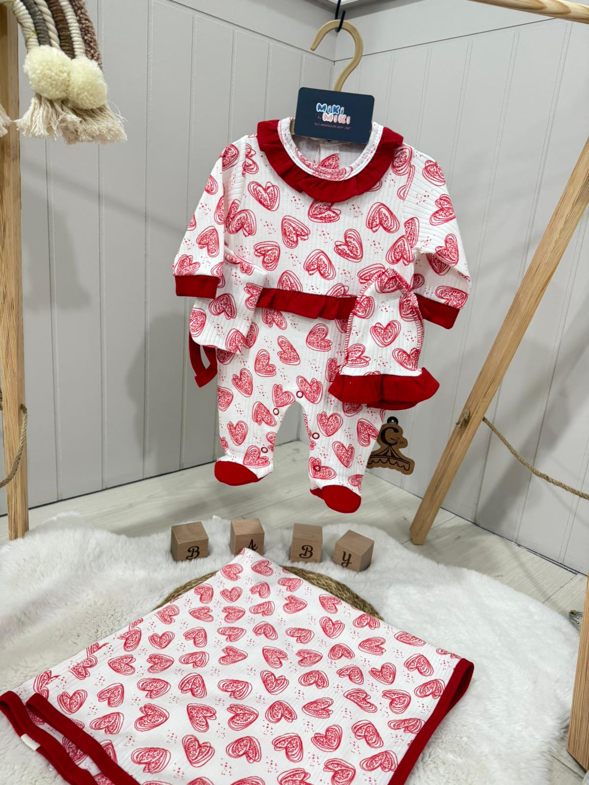 % Pamuk Kalp Desenli Battaniyeli 5 Parça Hastane Çıkış Seti