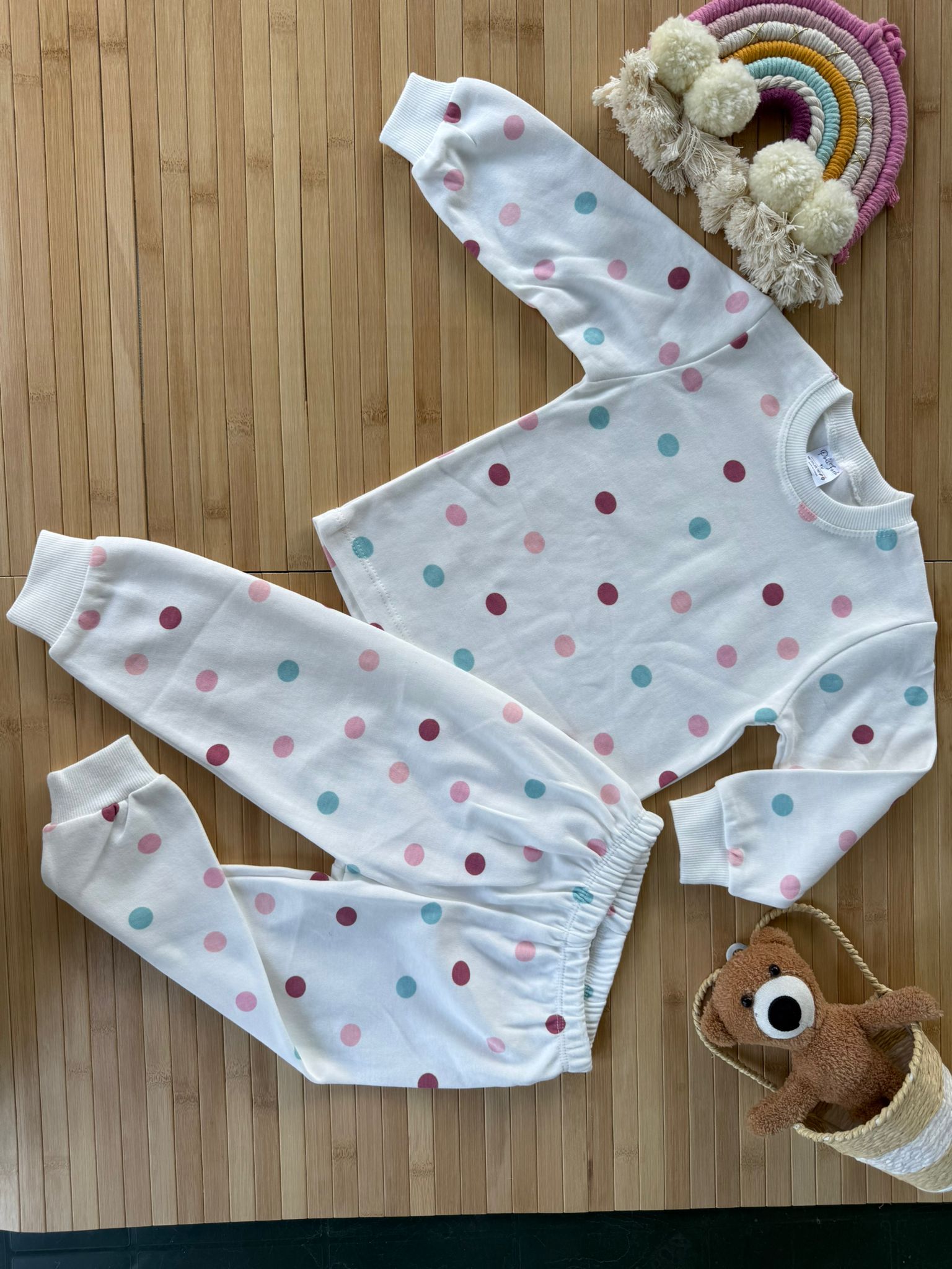 Puantiyeli Pamuklu Empirme Baskılı Pijama Takımı