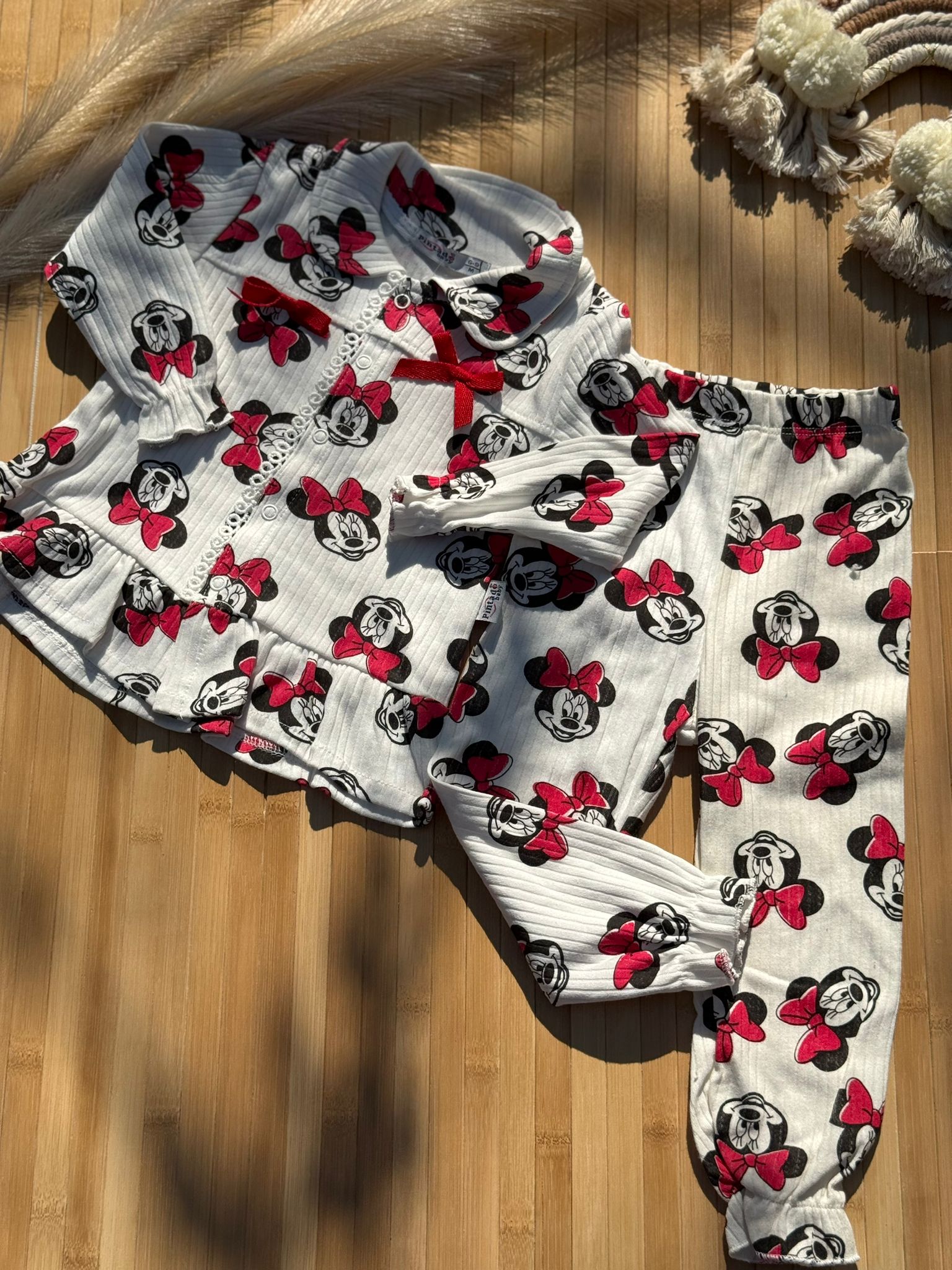 Kırımızı Mickey Mause Figürlü %100 Pamuklu Pijama Takımı