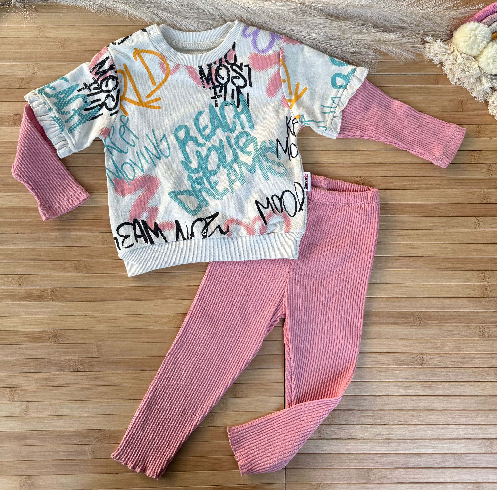 Karışık Yazı Baskılı Taytlı Kız takım  - Pembe