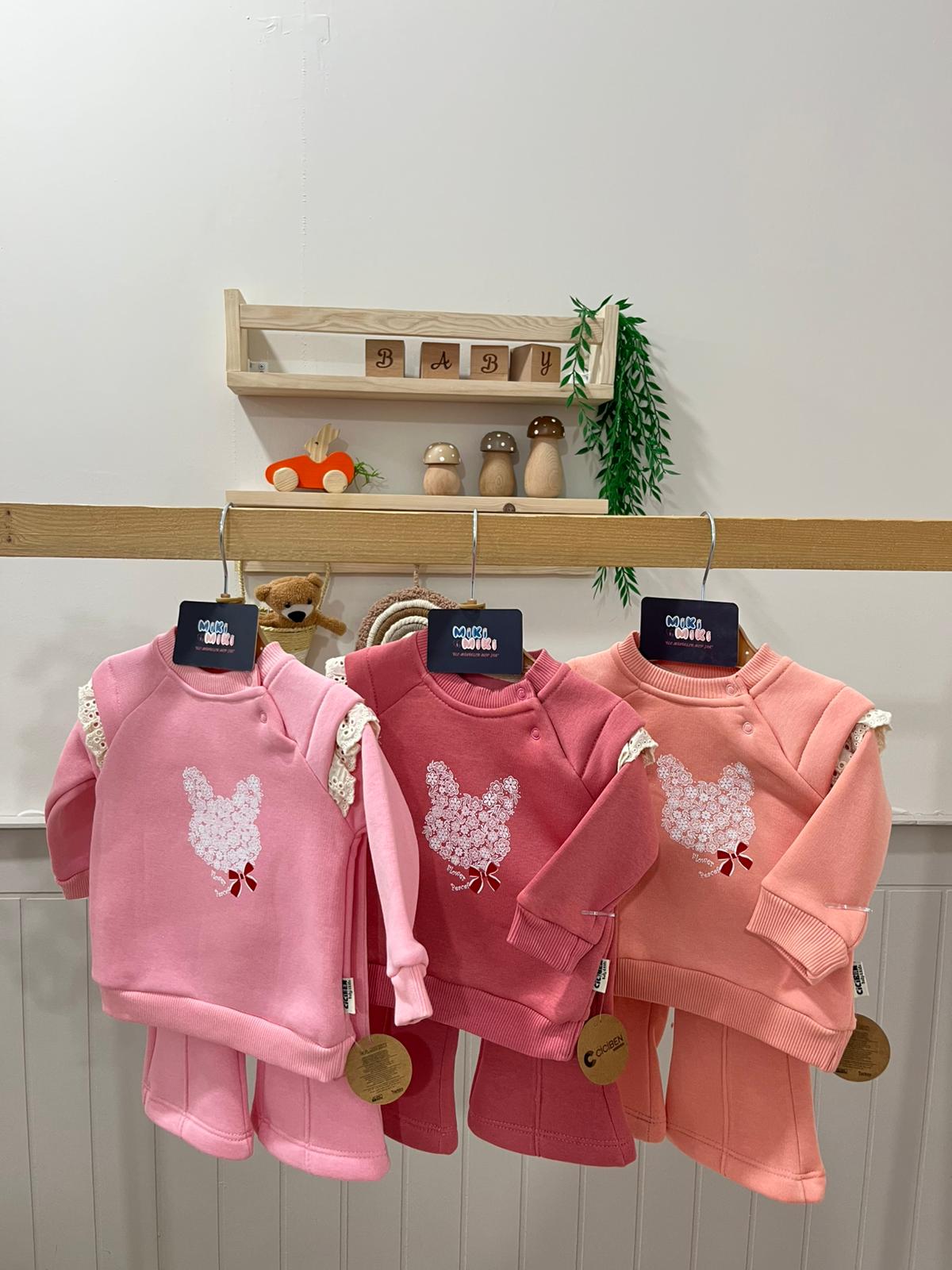 % Pamuk İçi Çift Şardonlu 3 İplik Omuzları Dantelli Kız Takım