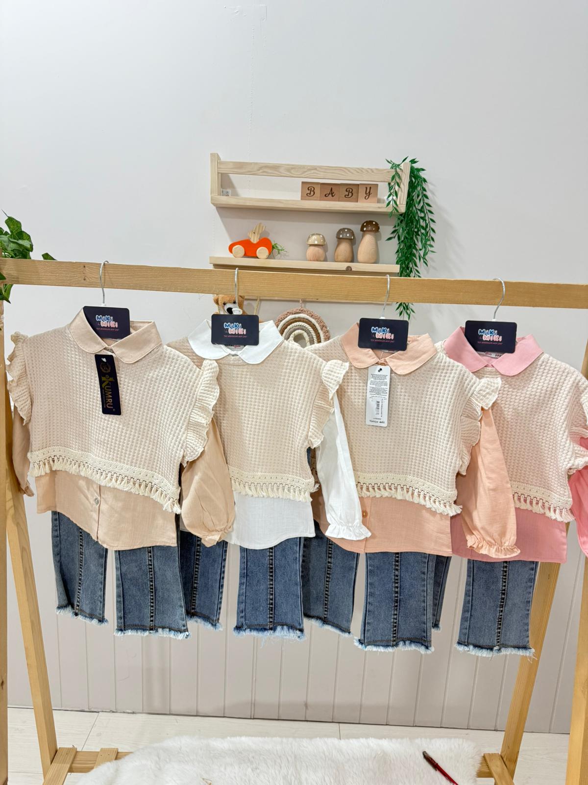 Çıkabilen Süveterli Gömlekli Kız Takım (Pantalonlar likralı belleri lastiklidir)