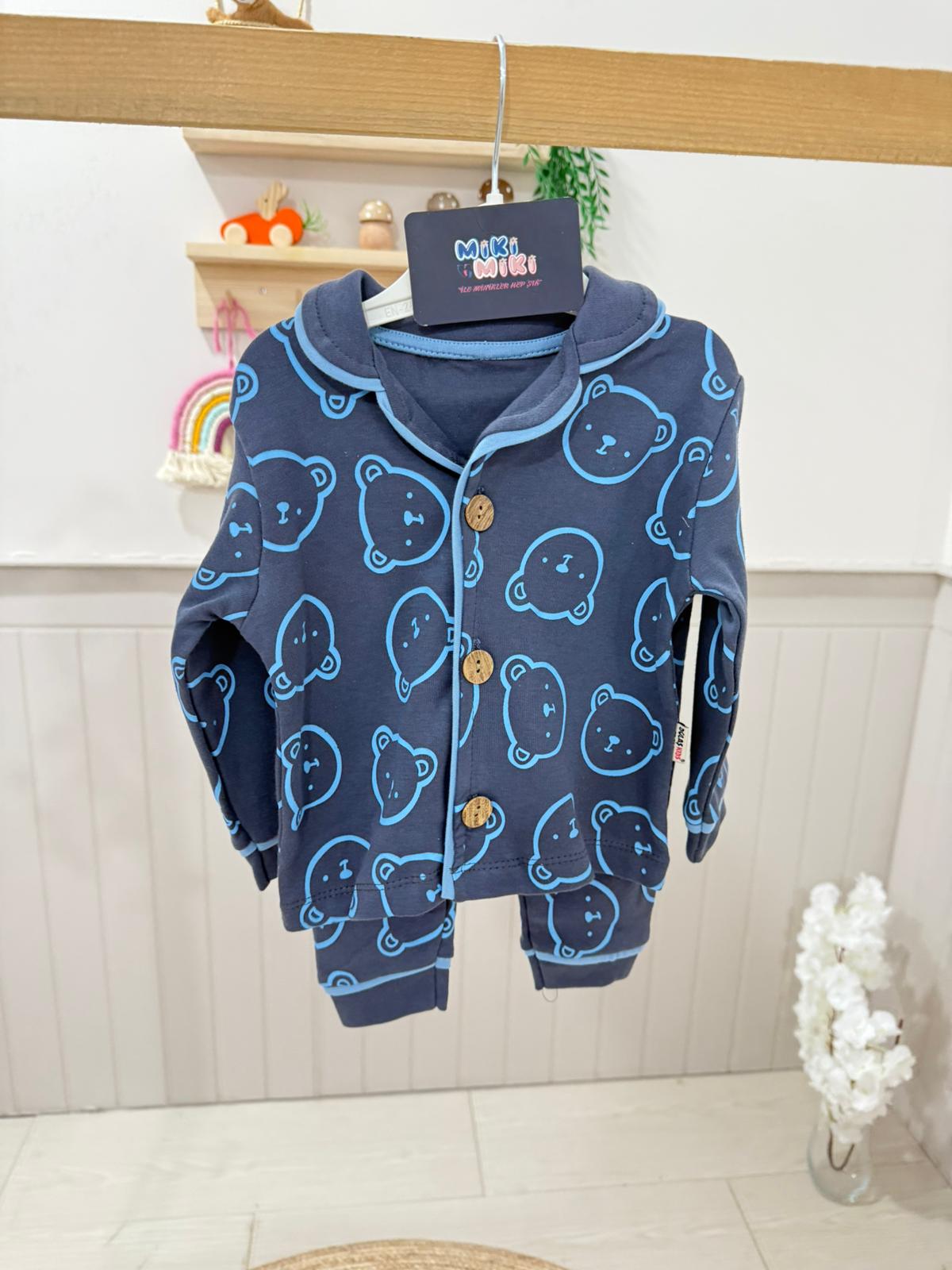 %100 Pamuklu Unisex Ayıcıklı Pijama  - Koyu Lacivert