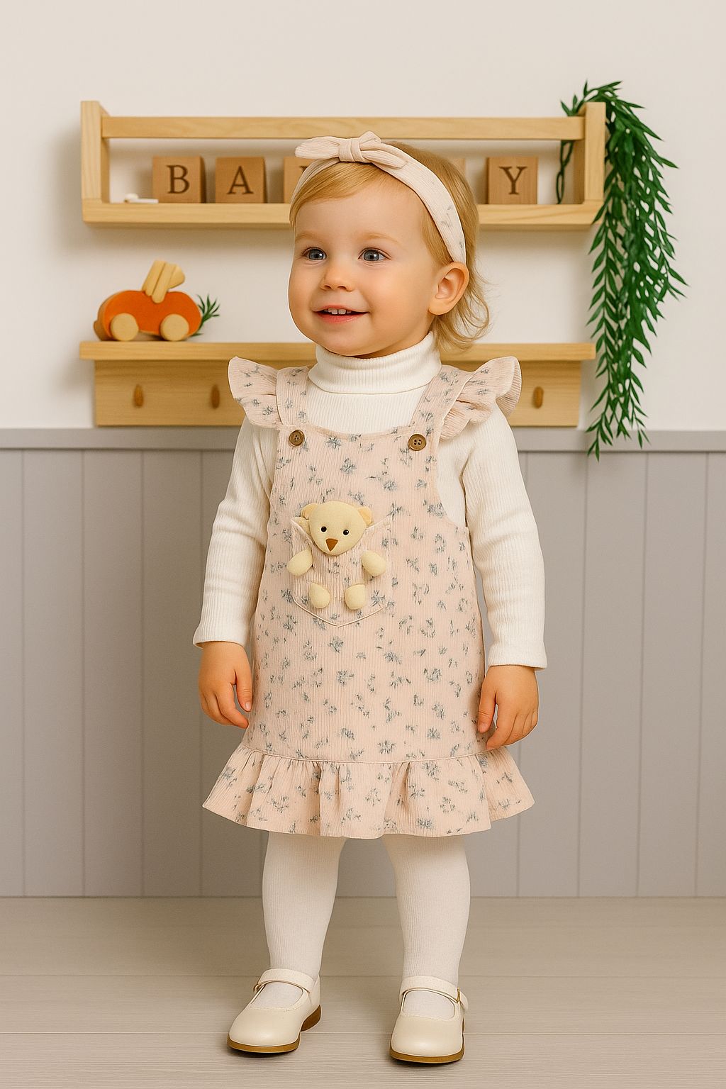 Ayıcıklı Kadife Elbise (Bir beden büyük alınız.) - Krem