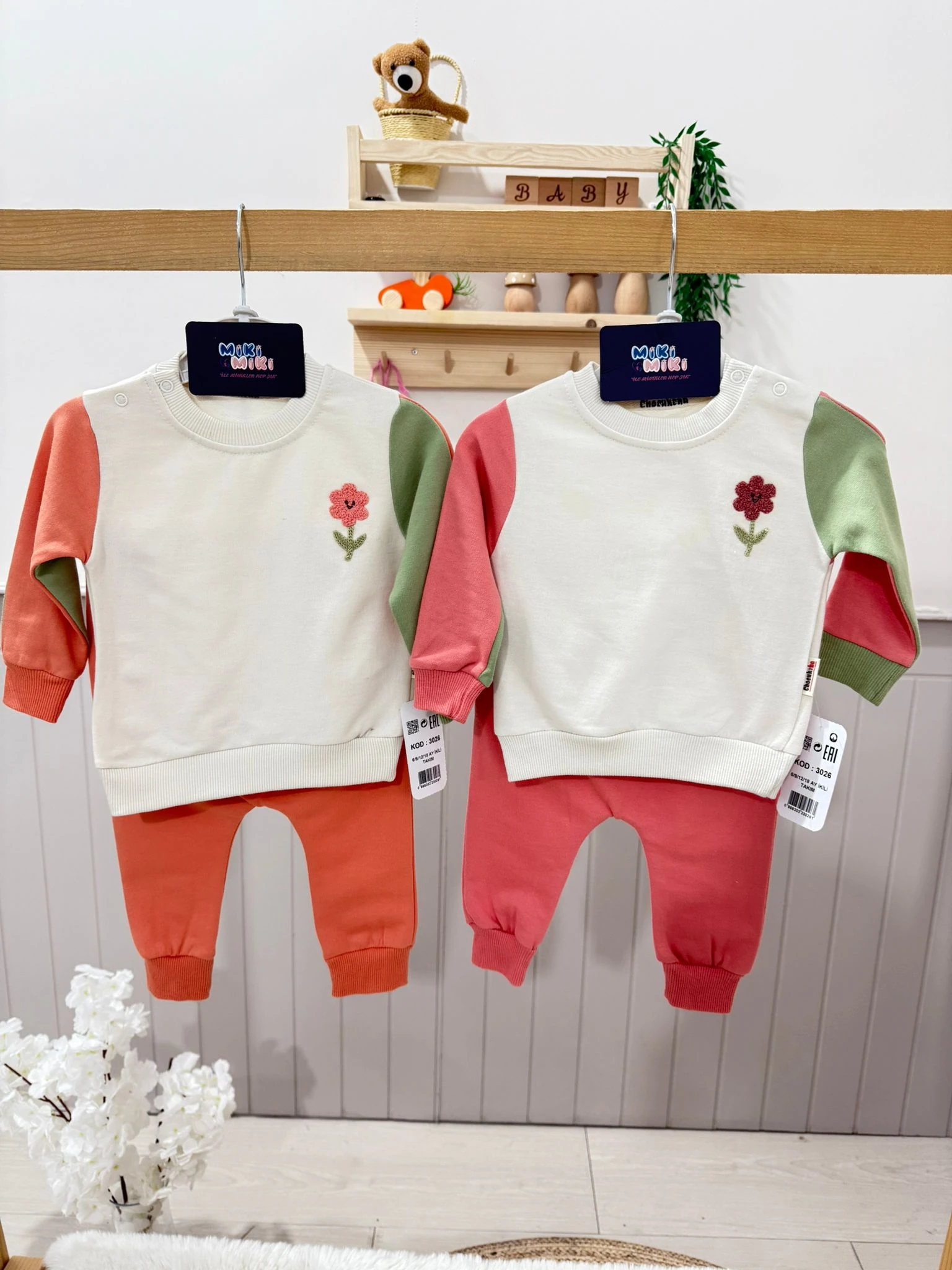 Çiçekli İkili Sweat Takım- Somon