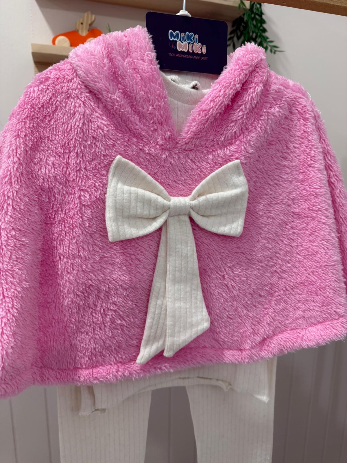 Ekru Fİyonklu Açık Pembe Pançolu 3'Lü Kız Takım 