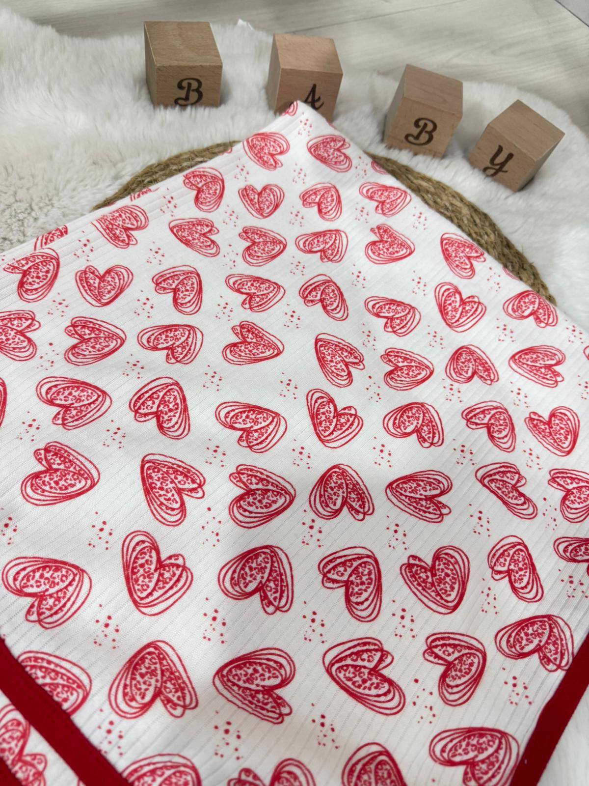 % Pamuk Kalp Desenli Battaniyeli 5 Parça Hastane Çıkış Seti