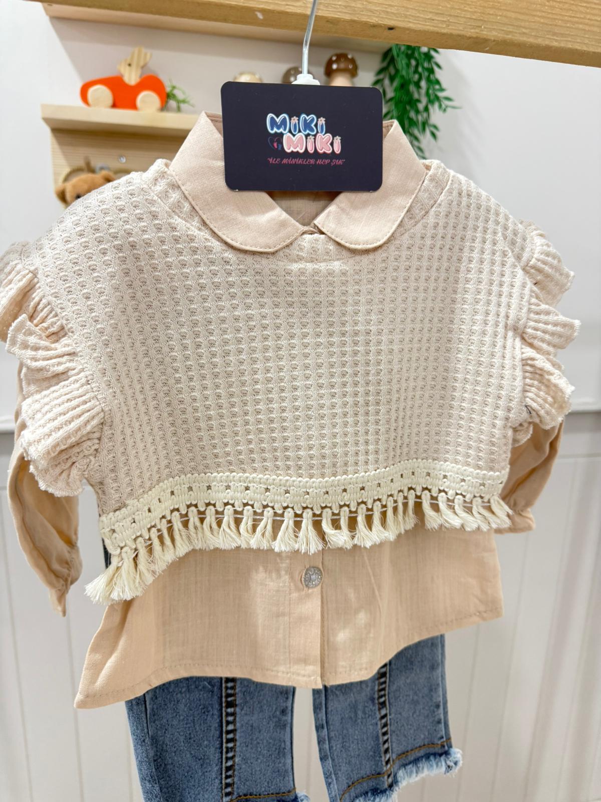 Çıkabilen Süveterli Gömlekli Kız Takım (Pantalonlar likralı belleri lastiklidir)