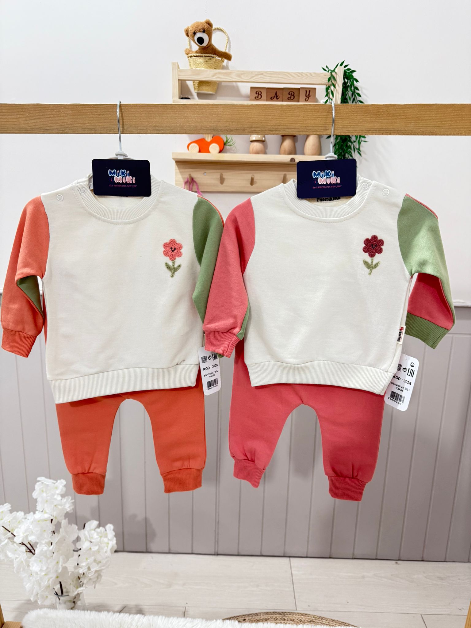 Çiçekli İkili Sweat Takım Pembe