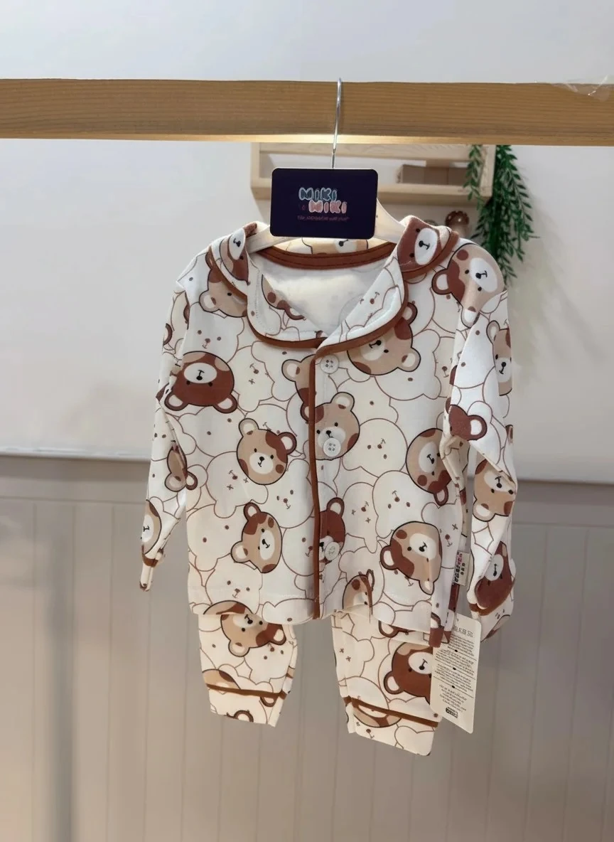 %100 Pamuklu Unisex Ayıcıklı Pijama  - Beyaz