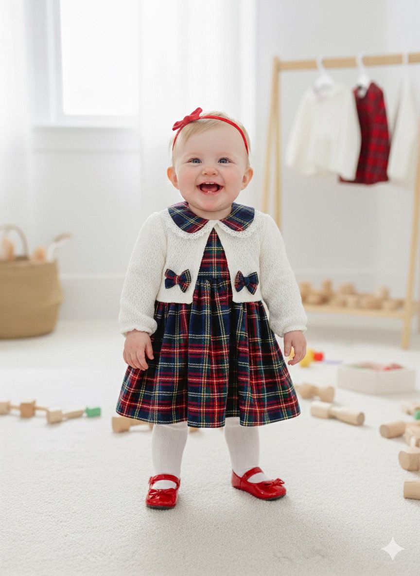 Bebe Yaka Kendinden Bolerolu Ekose Elbise