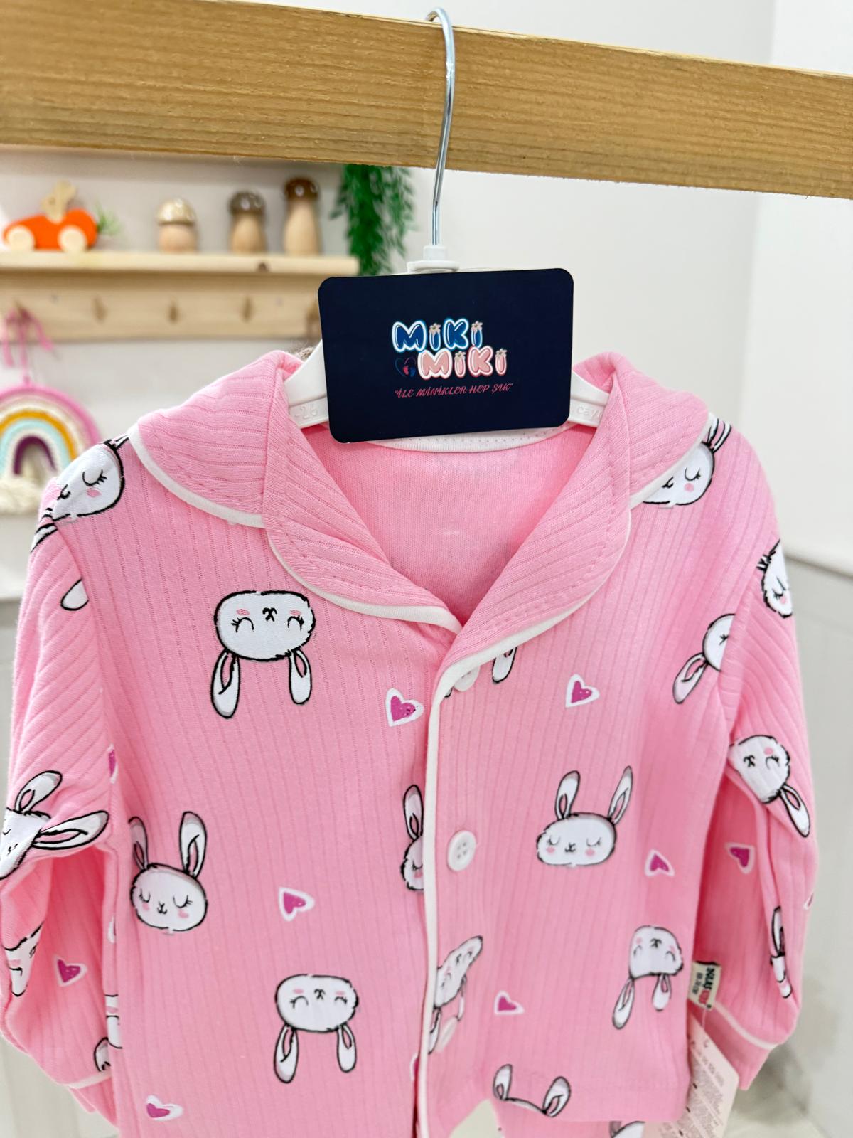 %100 Pamuk Tavşanlı Fitilli Pijama Takımı