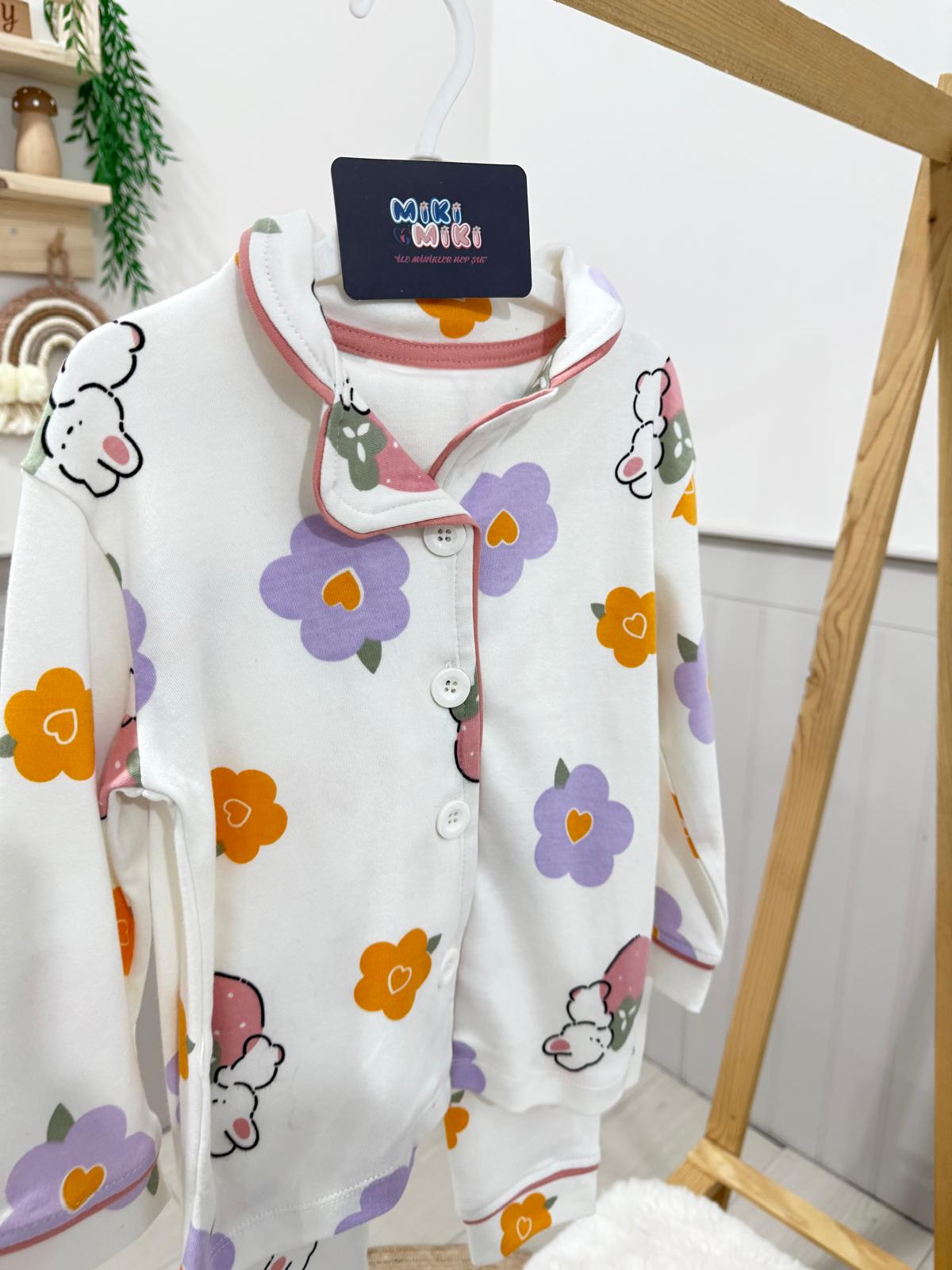 %100 Pamuk Renkli Çiçek Desenli Pijama Takımı