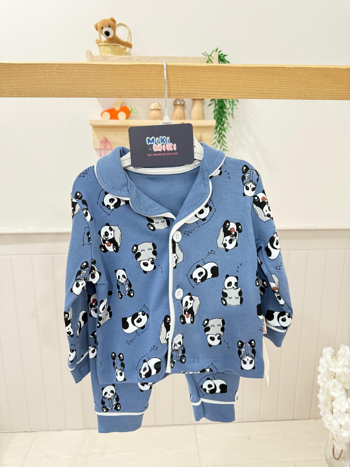 %100 Pamuk Pandalı Unisex Pijama Takımı - Mavi