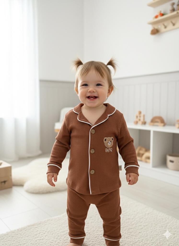 Bear Baskılı %100 Pamuklu Ahşap Düğmeli Pijama Takımı 
