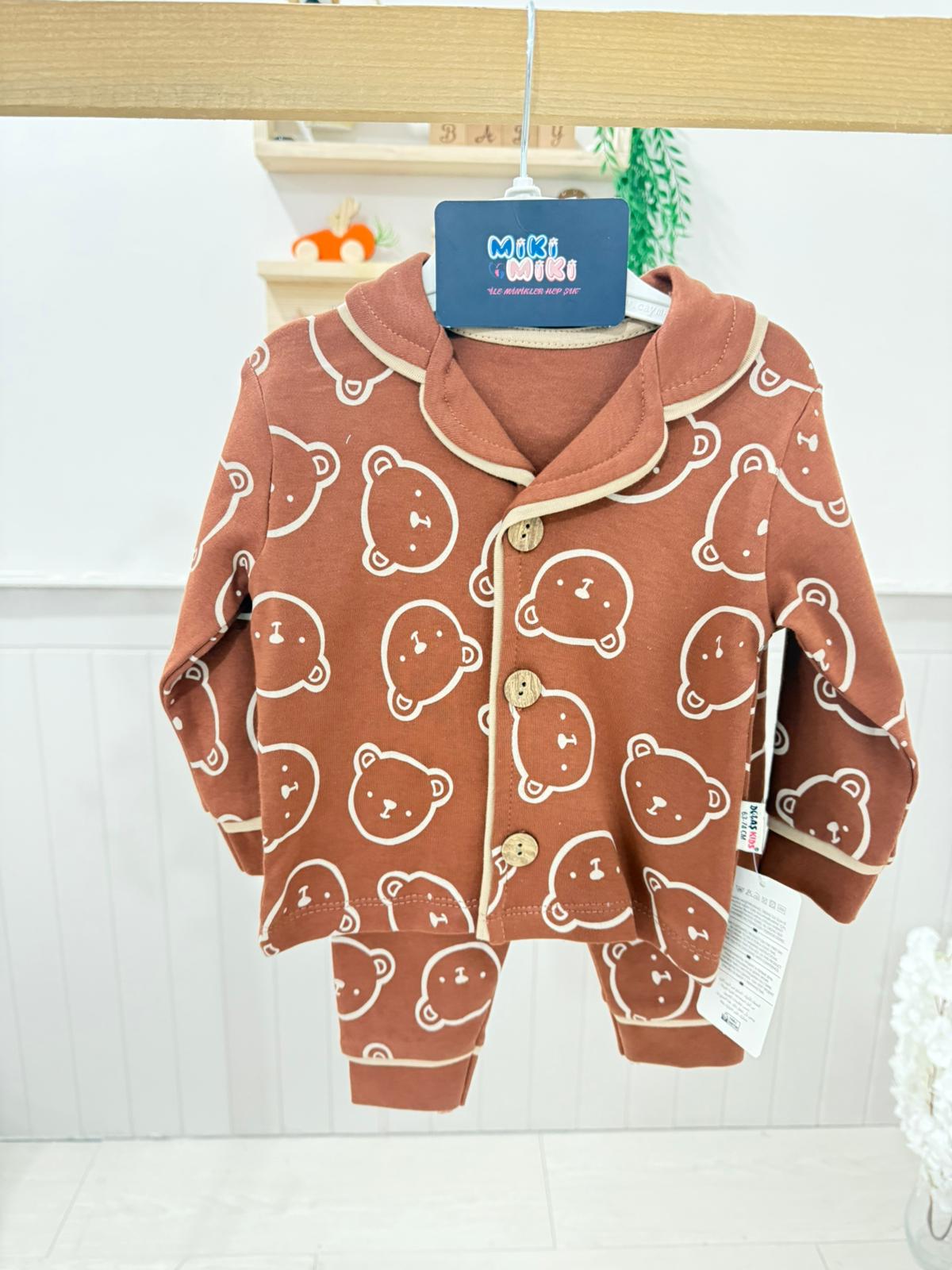 %100 Pamuklu Unisex Ayıcıklı Pijama  - Koyu Kahve