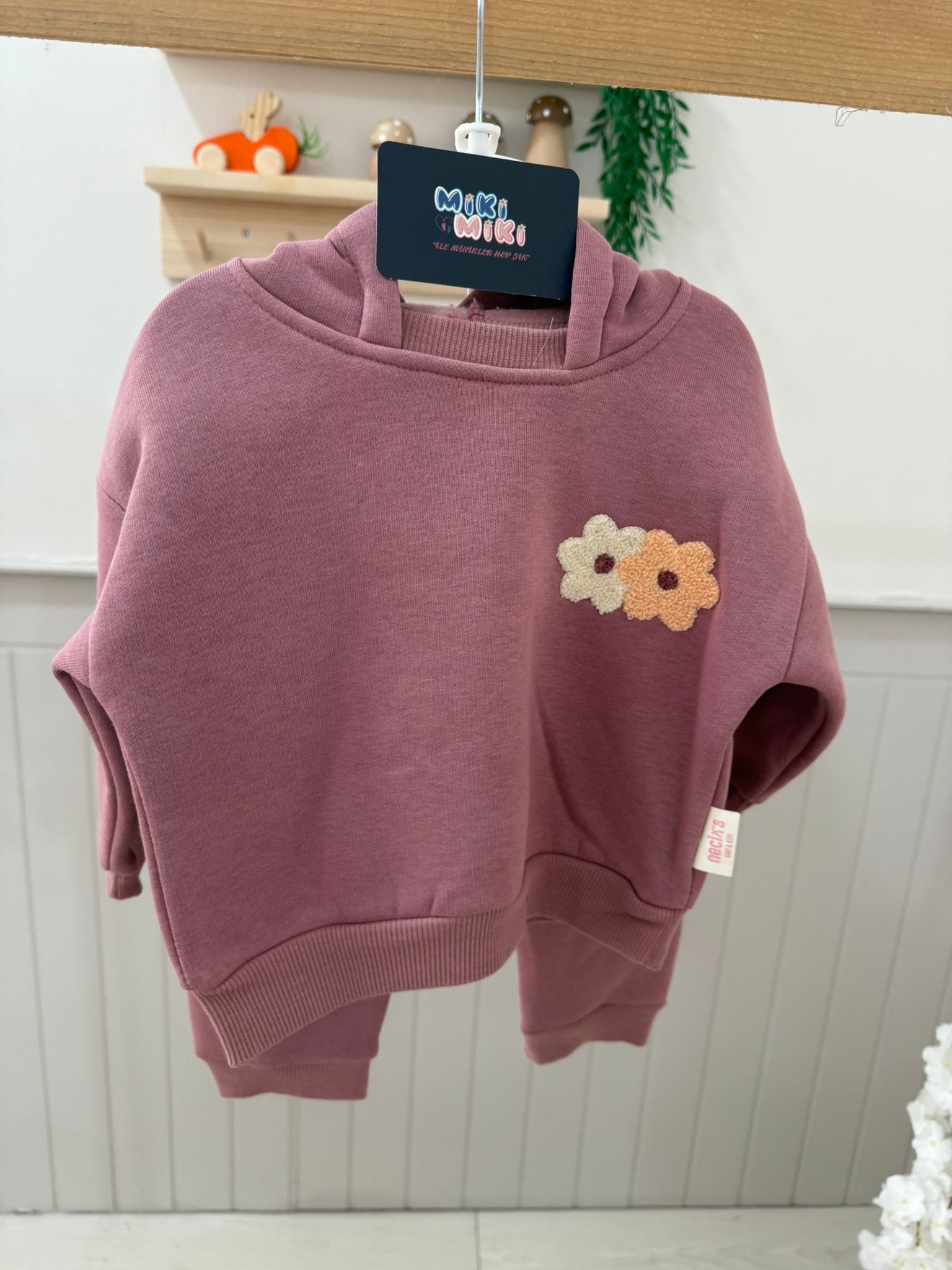 %100 Pamuk Çiçek Nakışlı İçi Şardonlu Kapişonlu İkili Takım