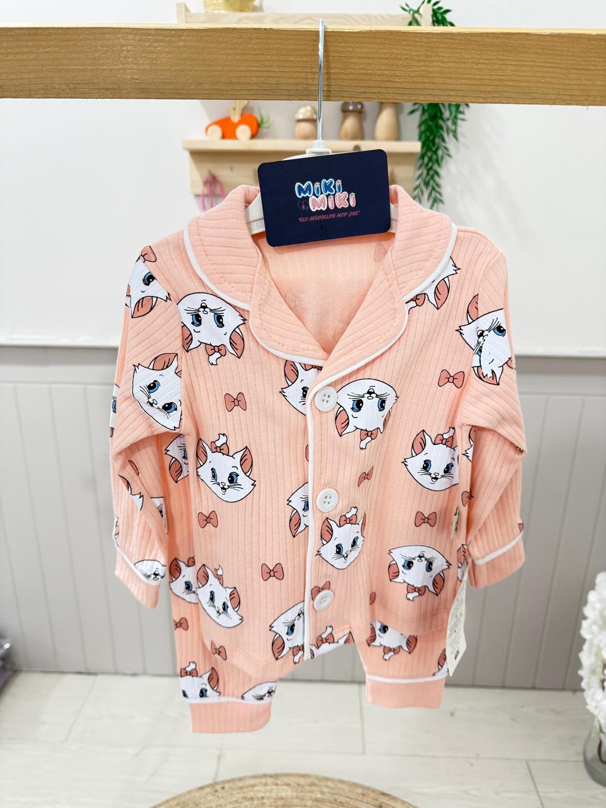%100 Pamuk Kedili Fitilli Pİjama Takımı - Açık Şeker Pembe