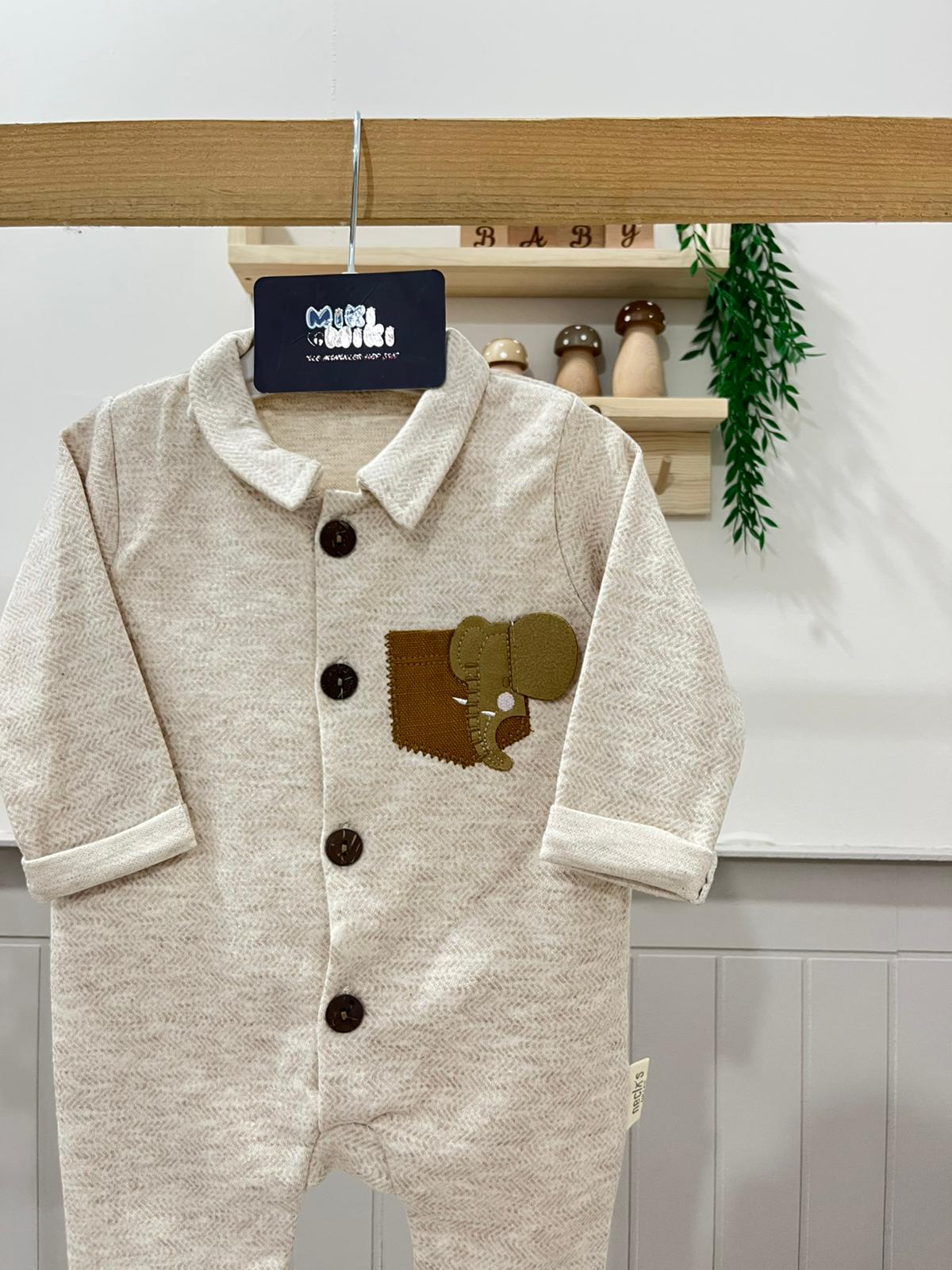 %100 Pamuk Fil Detaylı Balık Sırtı Tulum