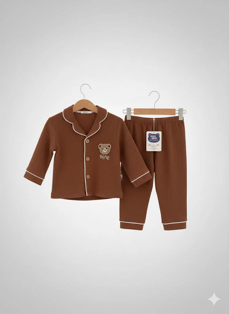 Bear Baskılı %100 Pamuklu Ahşap Düğmeli Pijama Takımı 