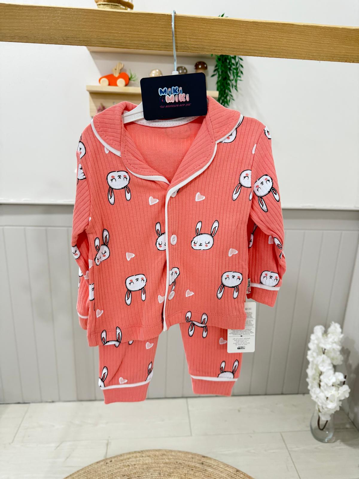 %100 Pamuk Tavşanlı Fitilli Pijama Takımı - Somon Pembe