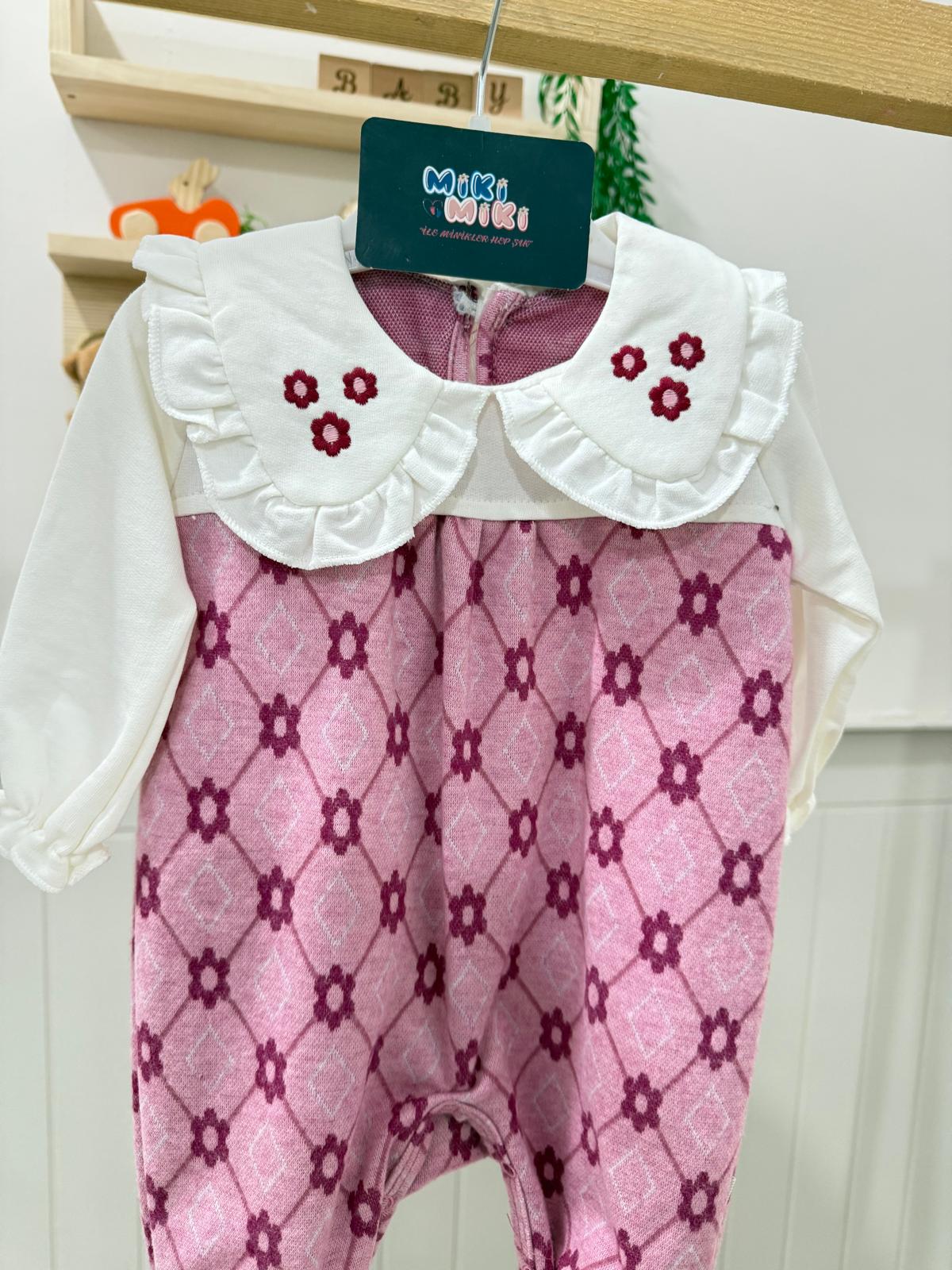 %100 Pamuk Bebe Yaka Çiçek Nakışlı Tulum