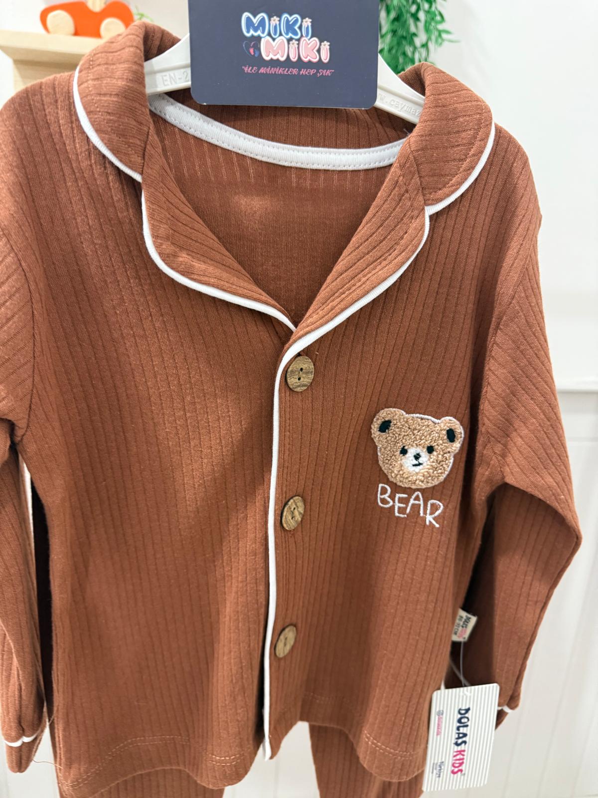 Bear Baskılı %100 Pamuklu Ahşap Düğmeli Pijama Takımı 