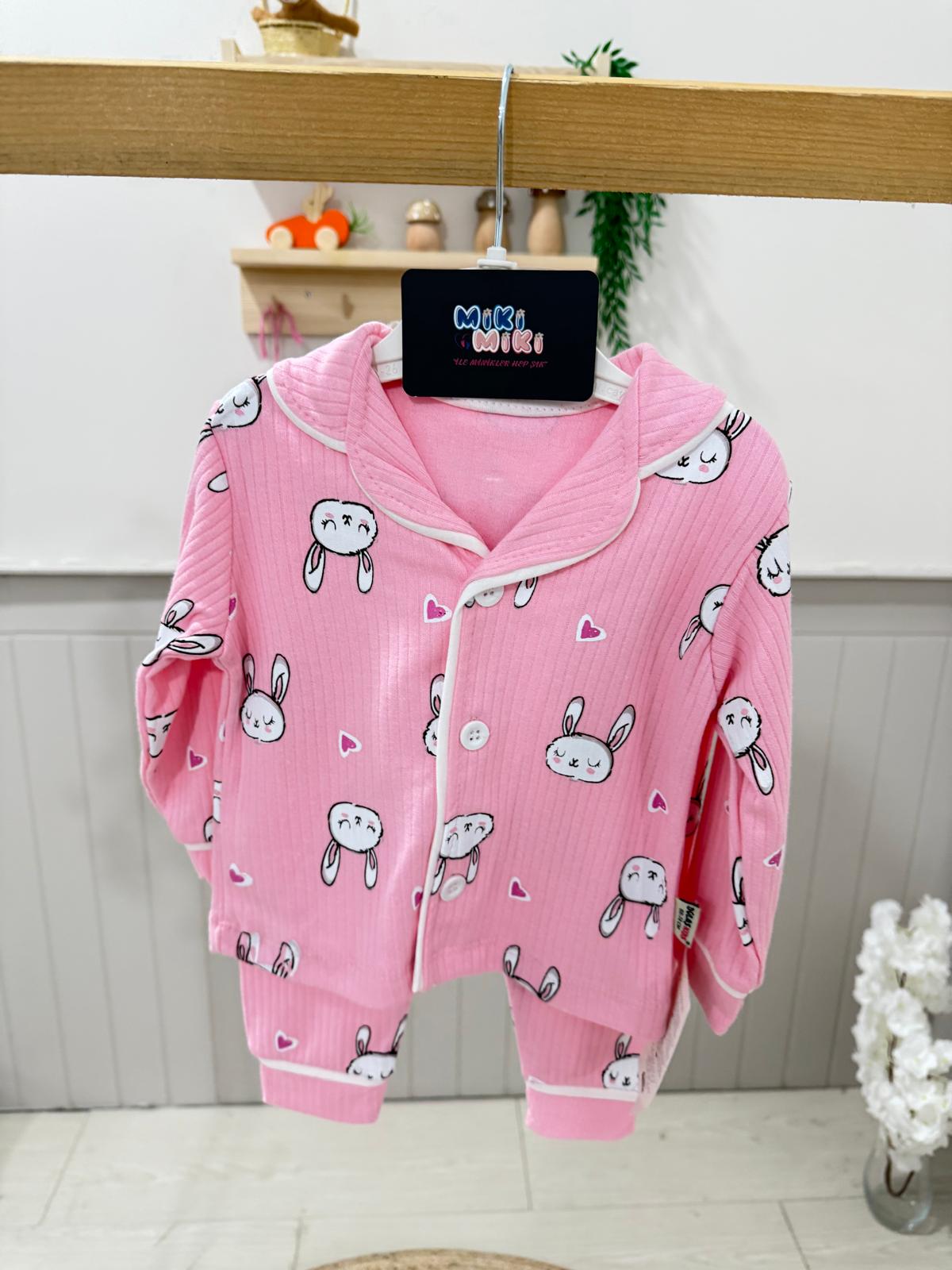 %100 Pamuk Tavşanlı Fitilli Pijama Takımı - Şeker Pembesi