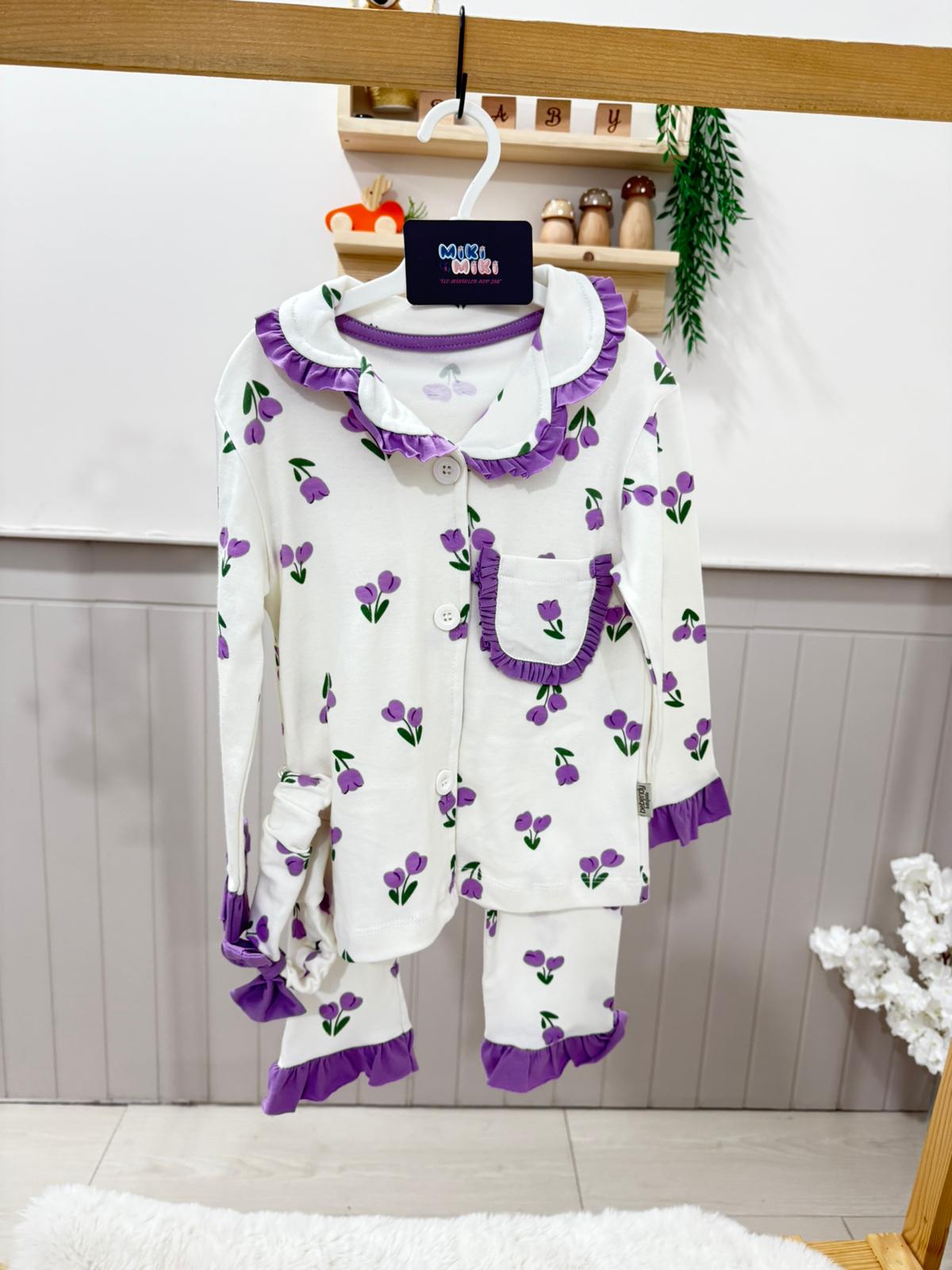 %100 Pamuk Bandanalı Kız Pijama Seti 