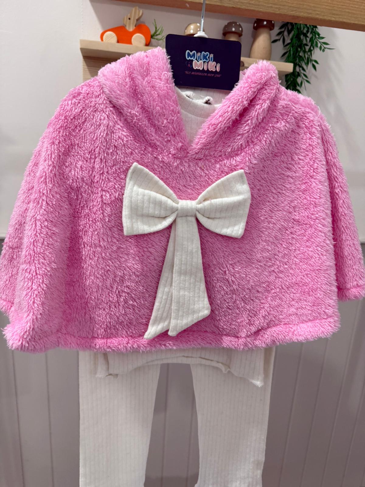 Ekru Fİyonklu Açık Pembe Pançolu 3'Lü Kız Takım 