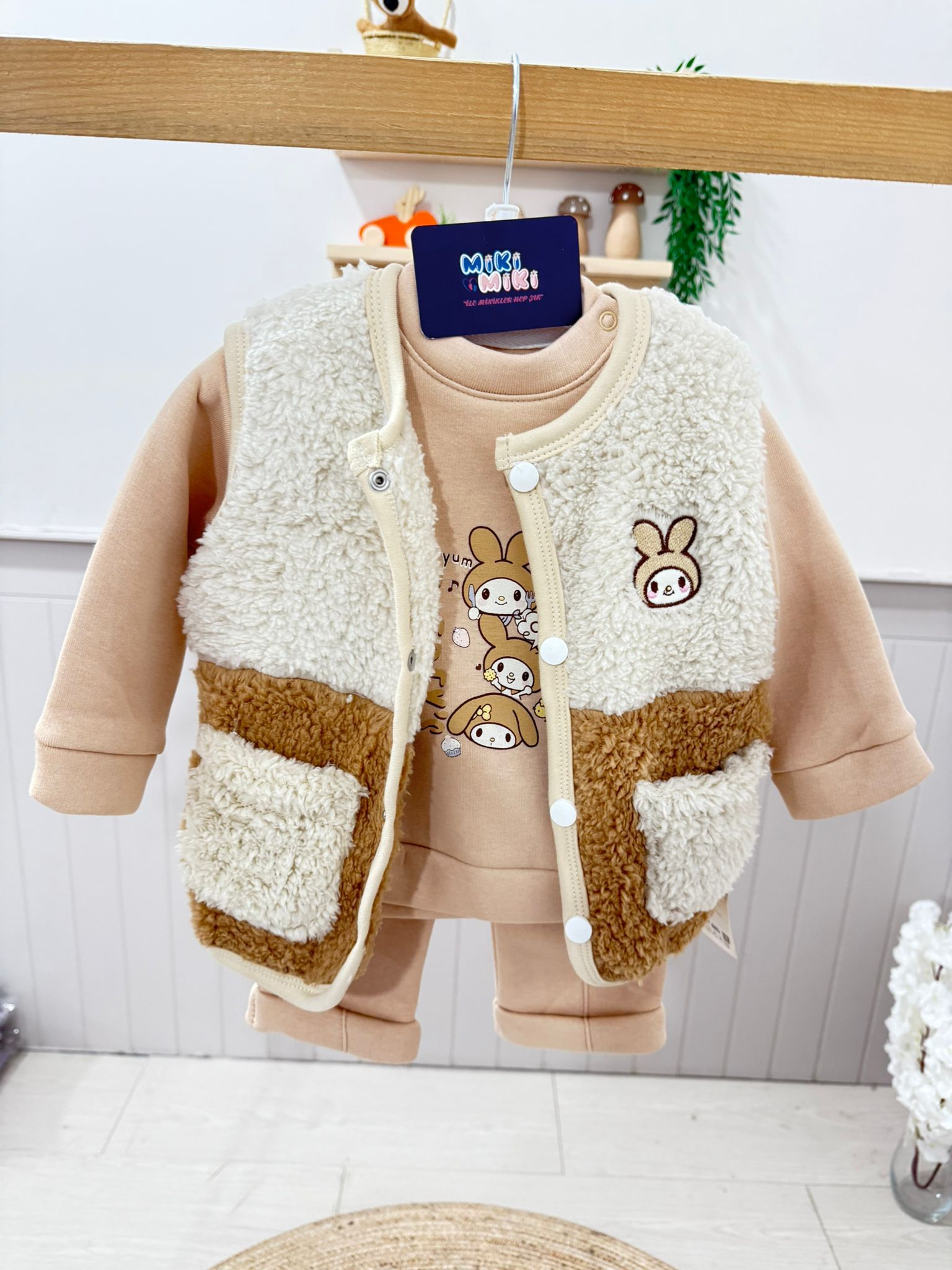 Welsoft Yelekli 3 İplik Üçlü Takım - Krem