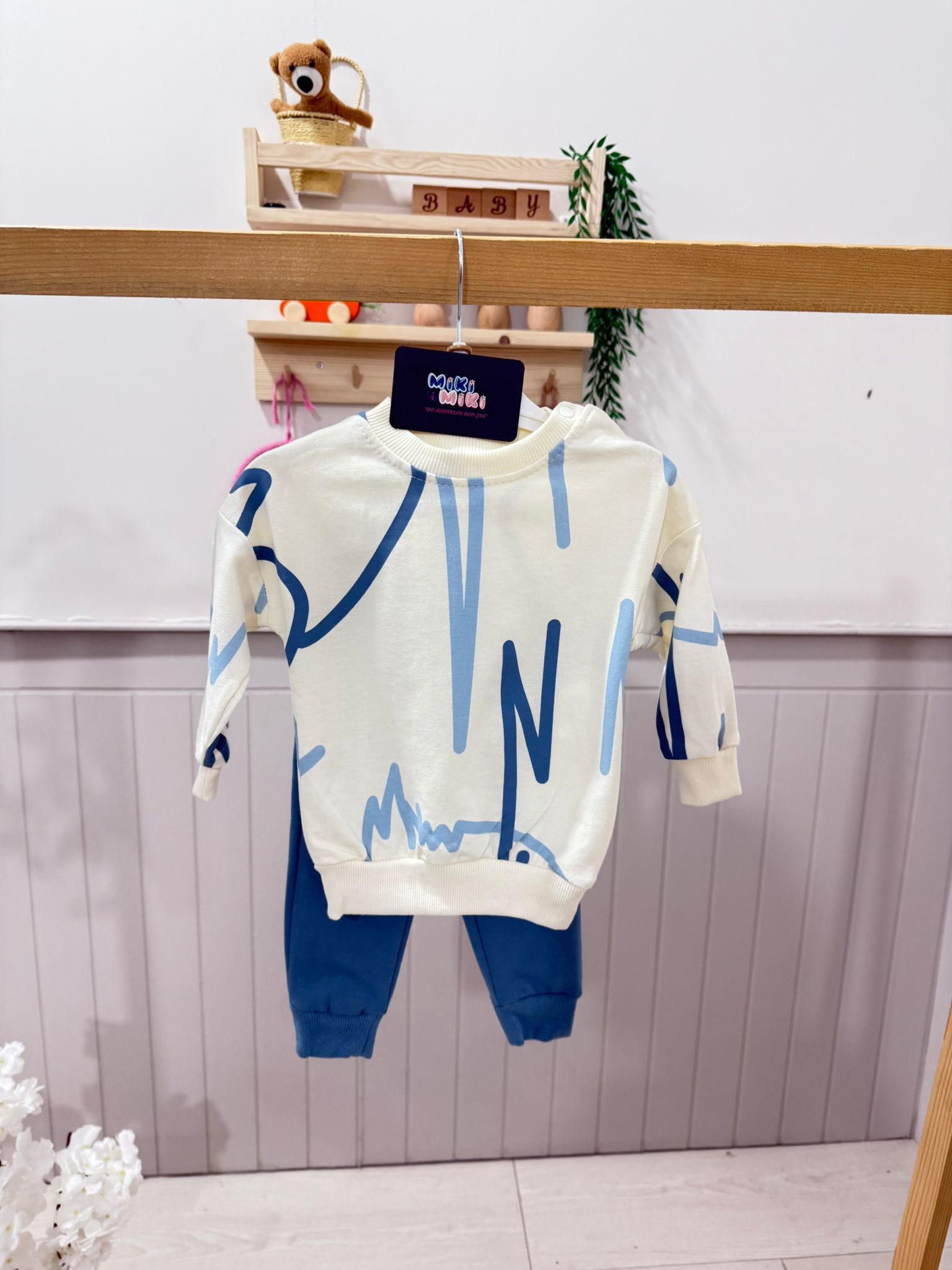 Unisex Asimetrik Çizgili İkili Takım Mavi