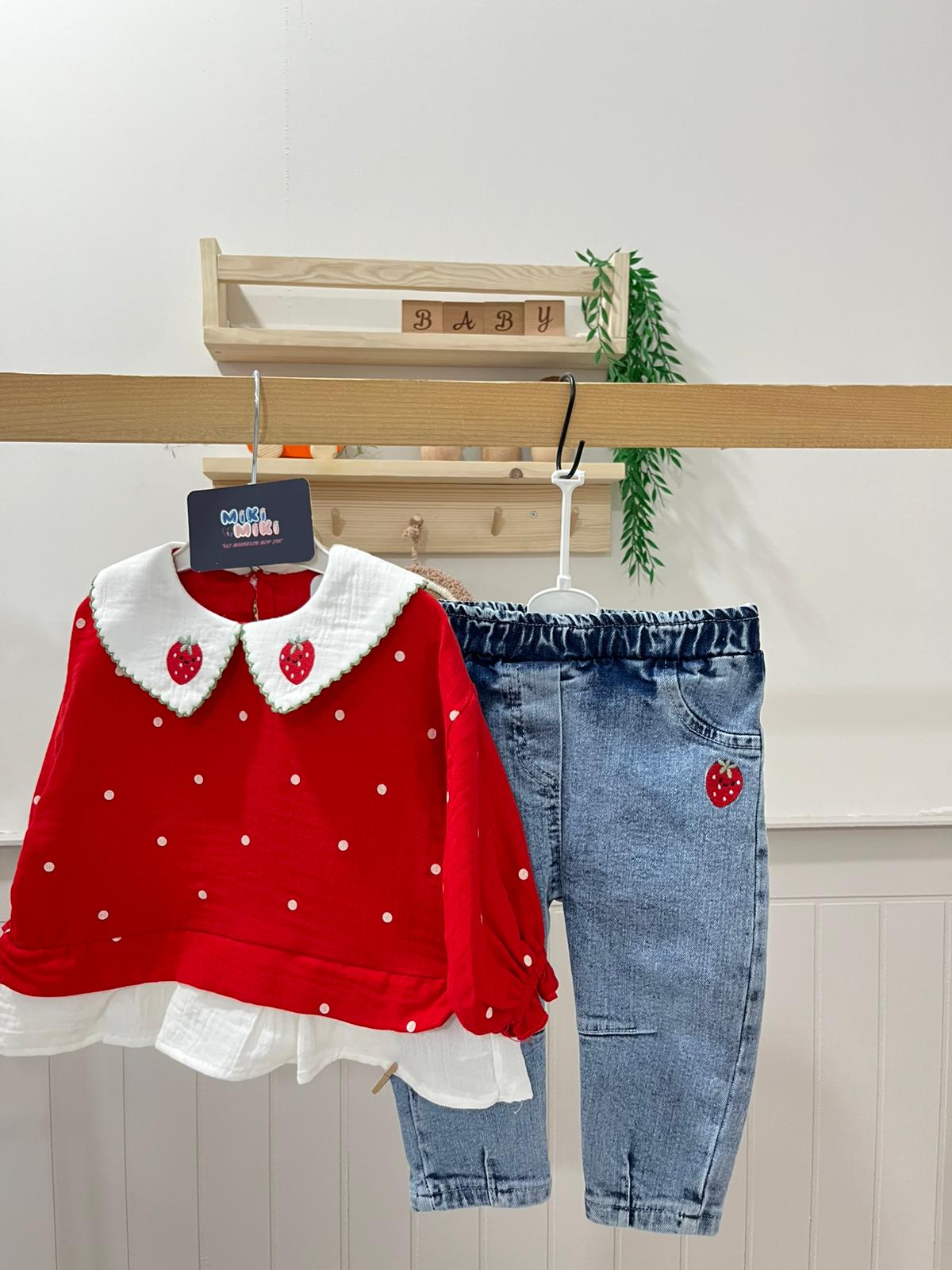 Bebe Yaka Çilekli Jean Takım