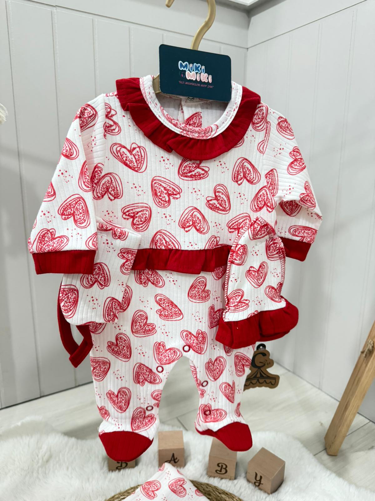 % Pamuk Kalp Desenli Battaniyeli 5 Parça Hastane Çıkış Seti