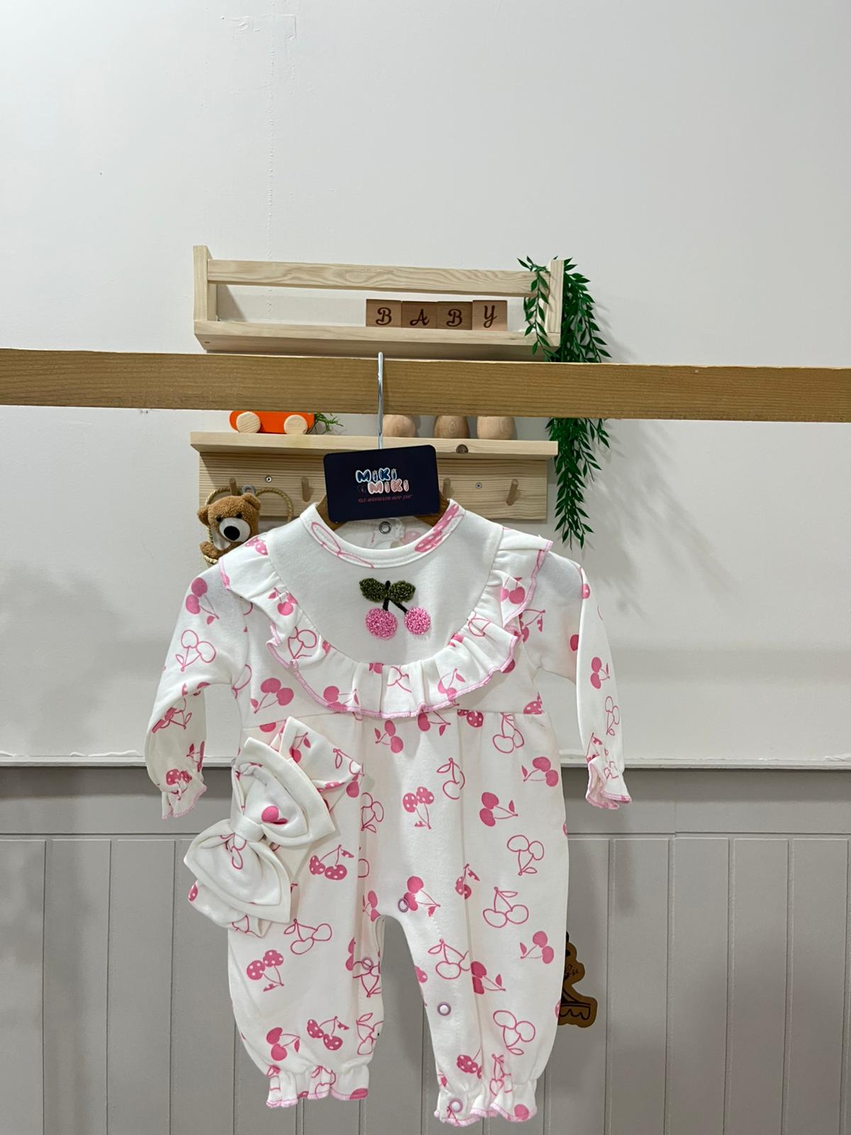 %100 Pamuk Romantik Yaka Kirazlı Bandanalı Tulum