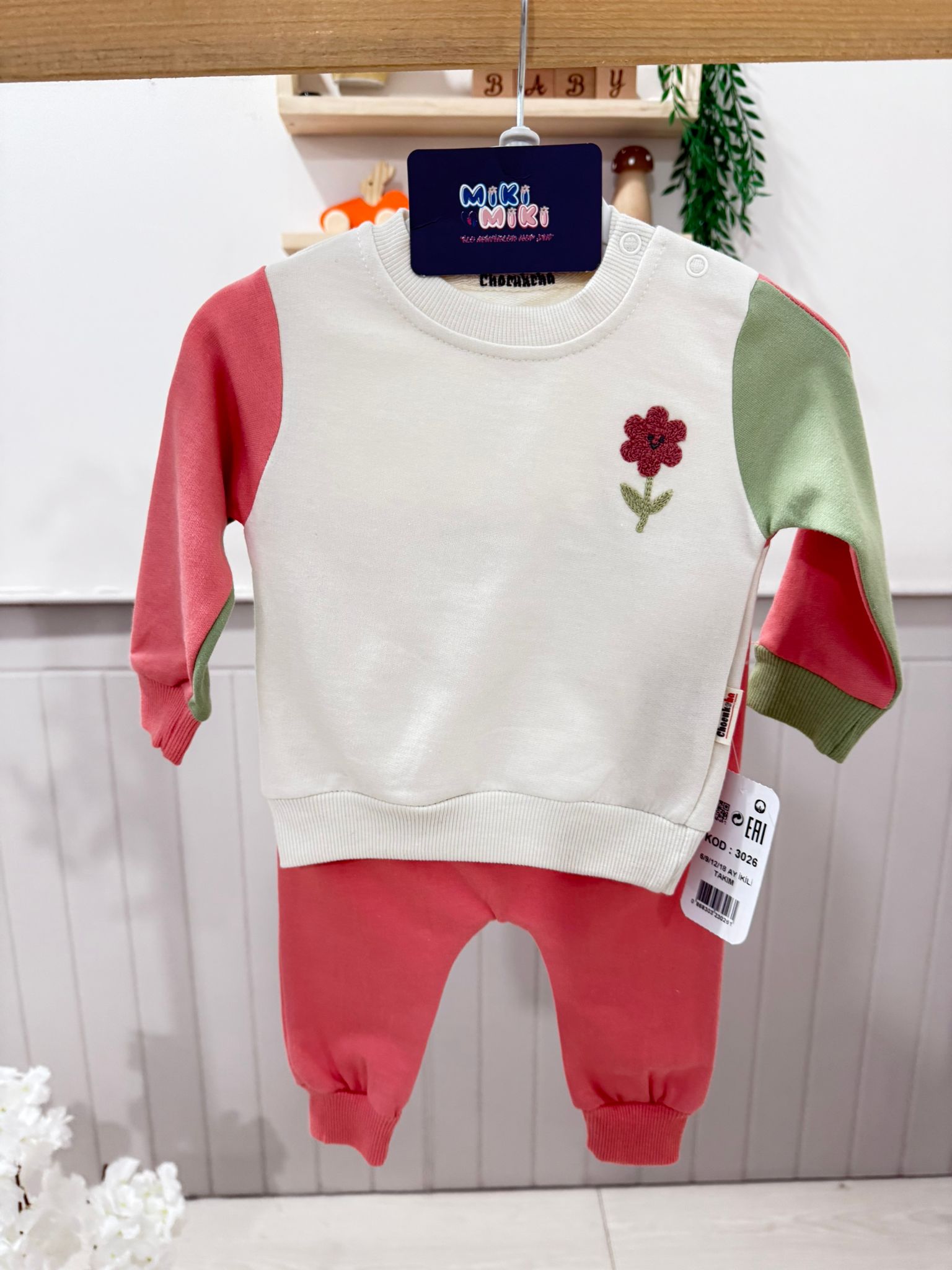 Çiçekli İkili Sweat Takım Pembe
