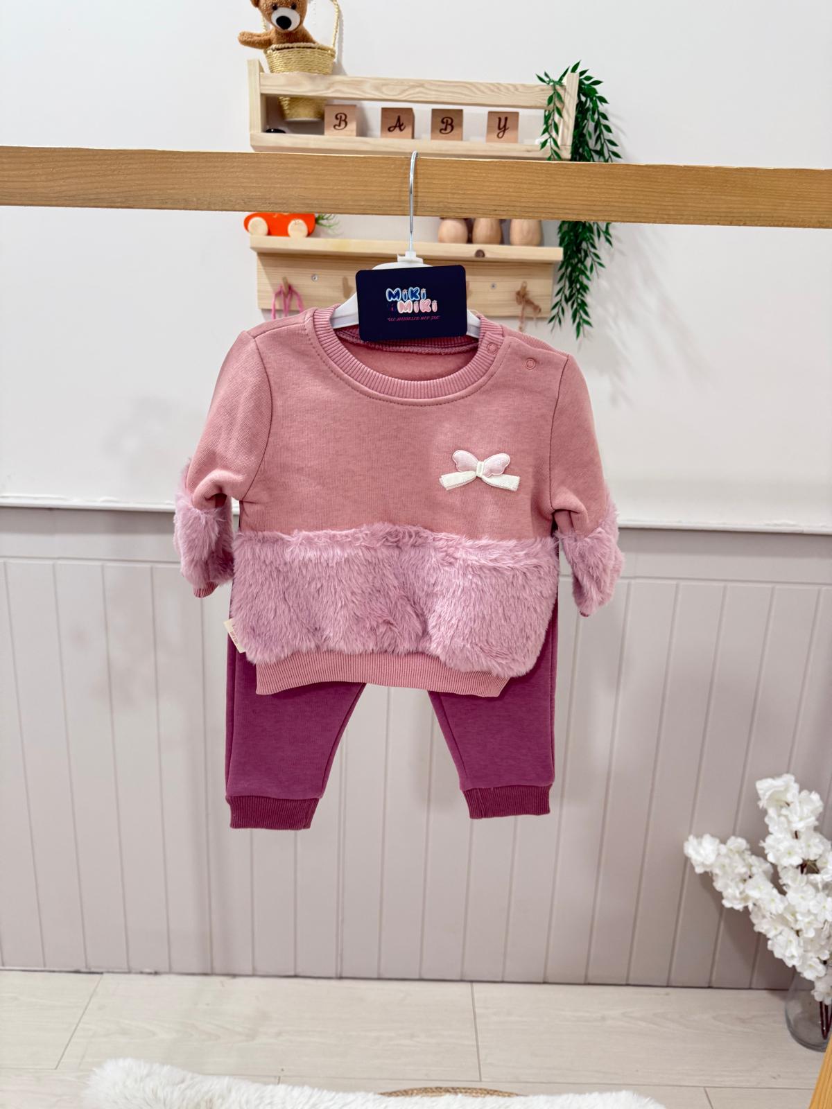 %100 Pamuk Çift Şardonlu Fiyonk Detaylı Peluş Şeritli Kız Bebek 2'li Takım