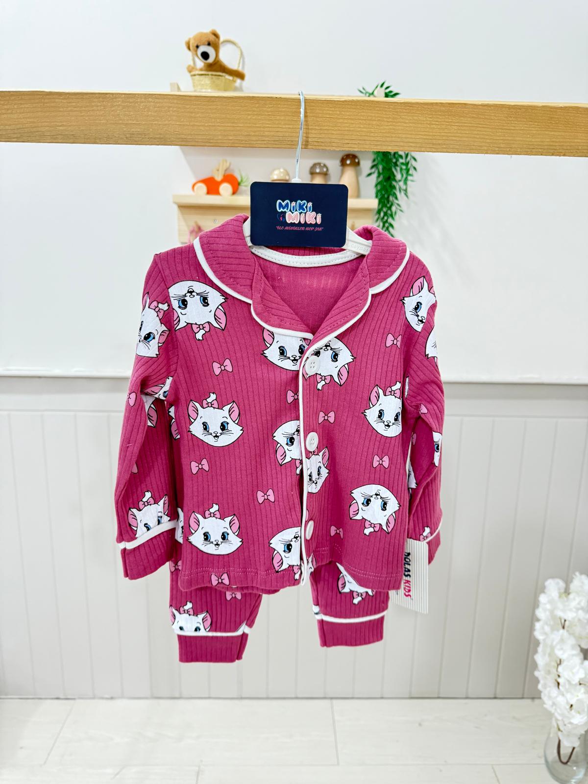 %100 Pamuk Kedili Fitilli Pİjama Takımı - Mor