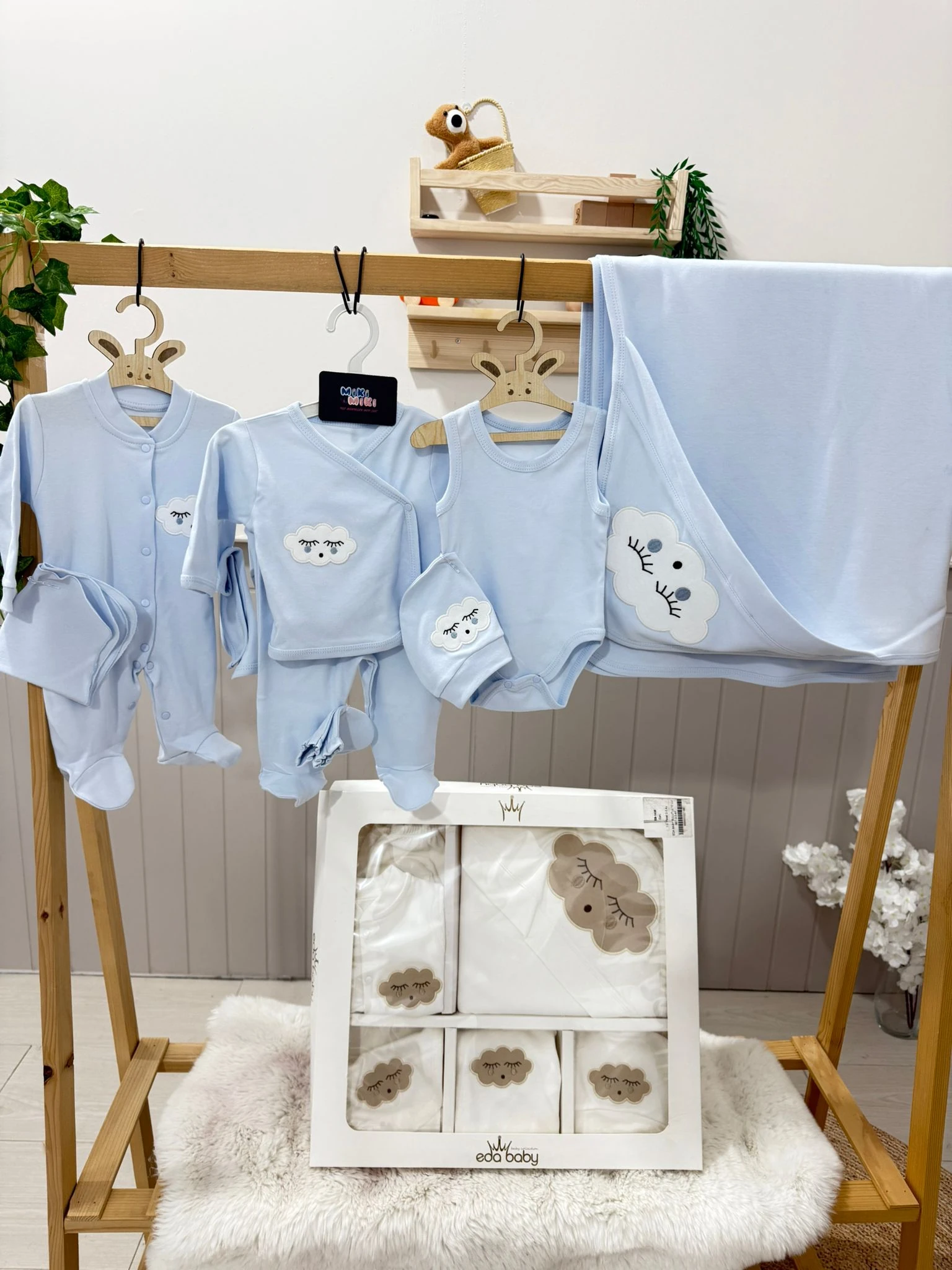 Premiumum Kalite %100 Pamuk Organik 10’lu Hastane Çıkışı Bulutlu  - Mavi