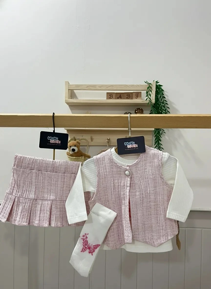 Kız Bebek Çorap Hediyeli Etekli Yelekli Takım 