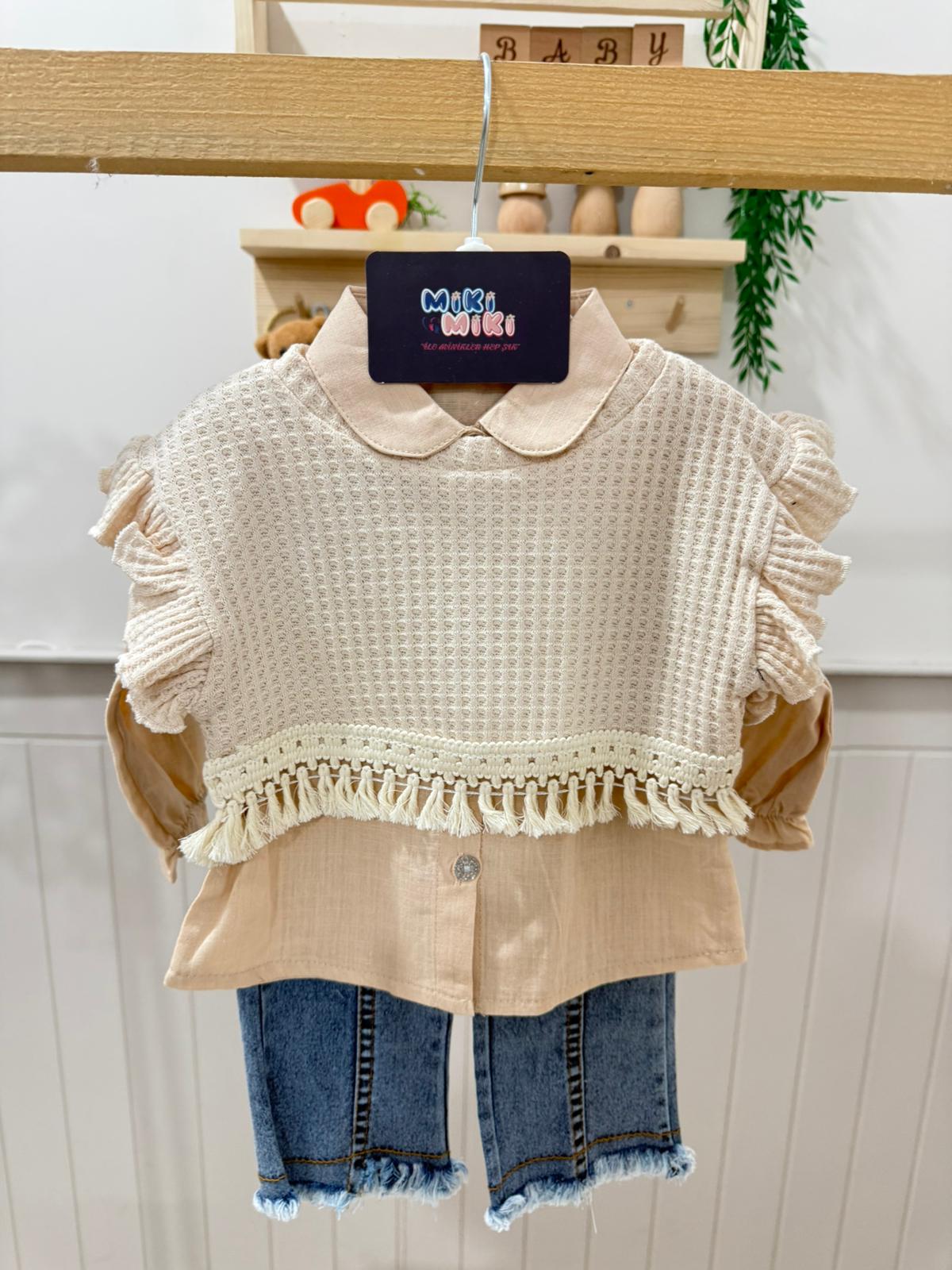 Çıkabilen Süveterli Gömlekli Kız Takım (Pantalonlar likralı belleri lastiklidir)