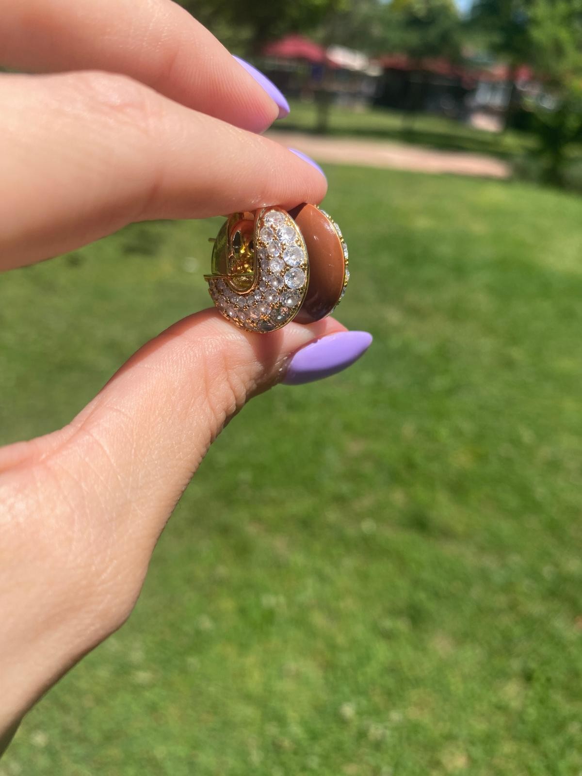 Altın Kaplama Halka Zirkon Taş Kahverengi Küpe / Gold