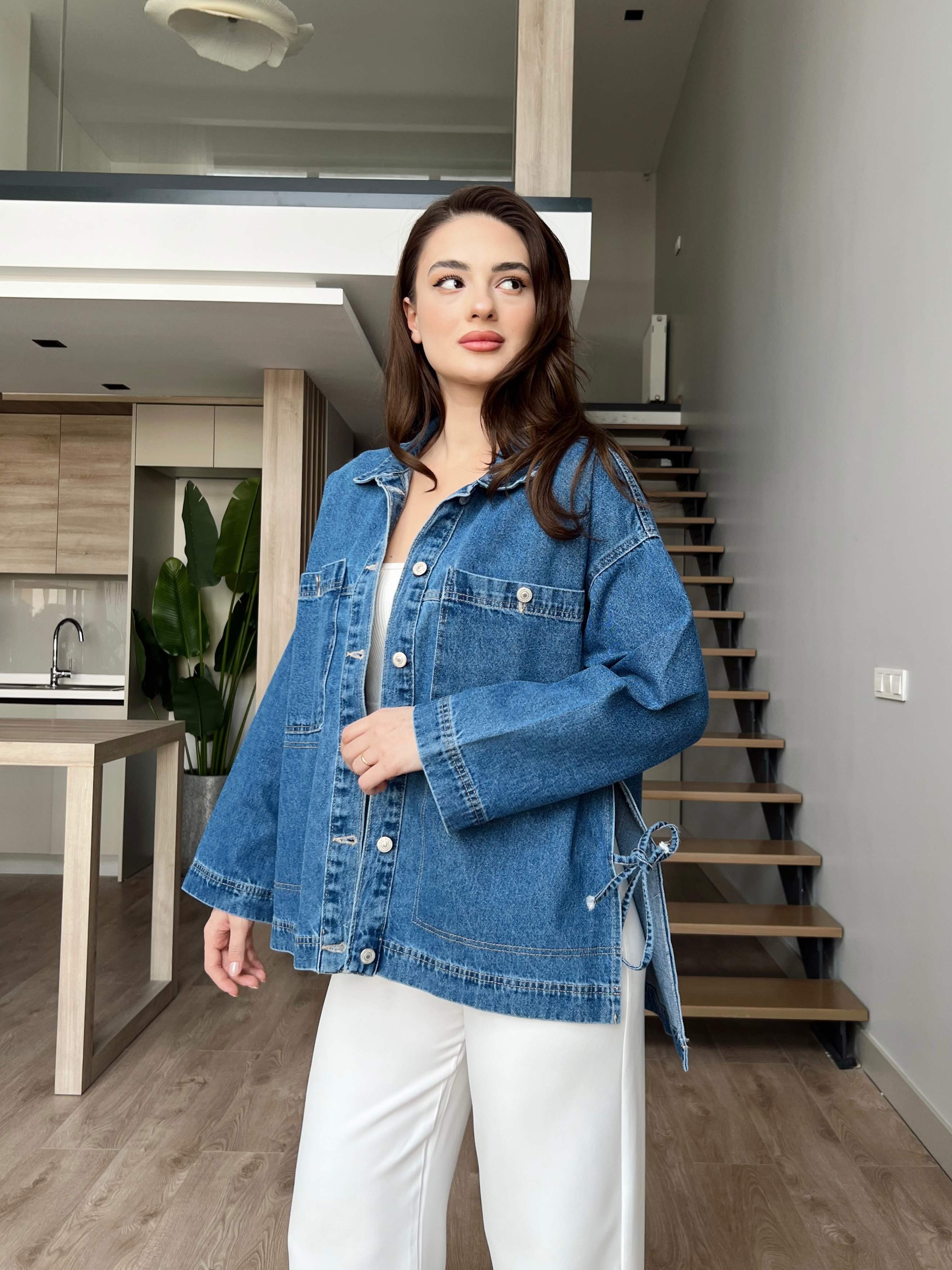 Yanı İp Detaylı Arkası Uzun Denim Ceket - Koyu Mavi