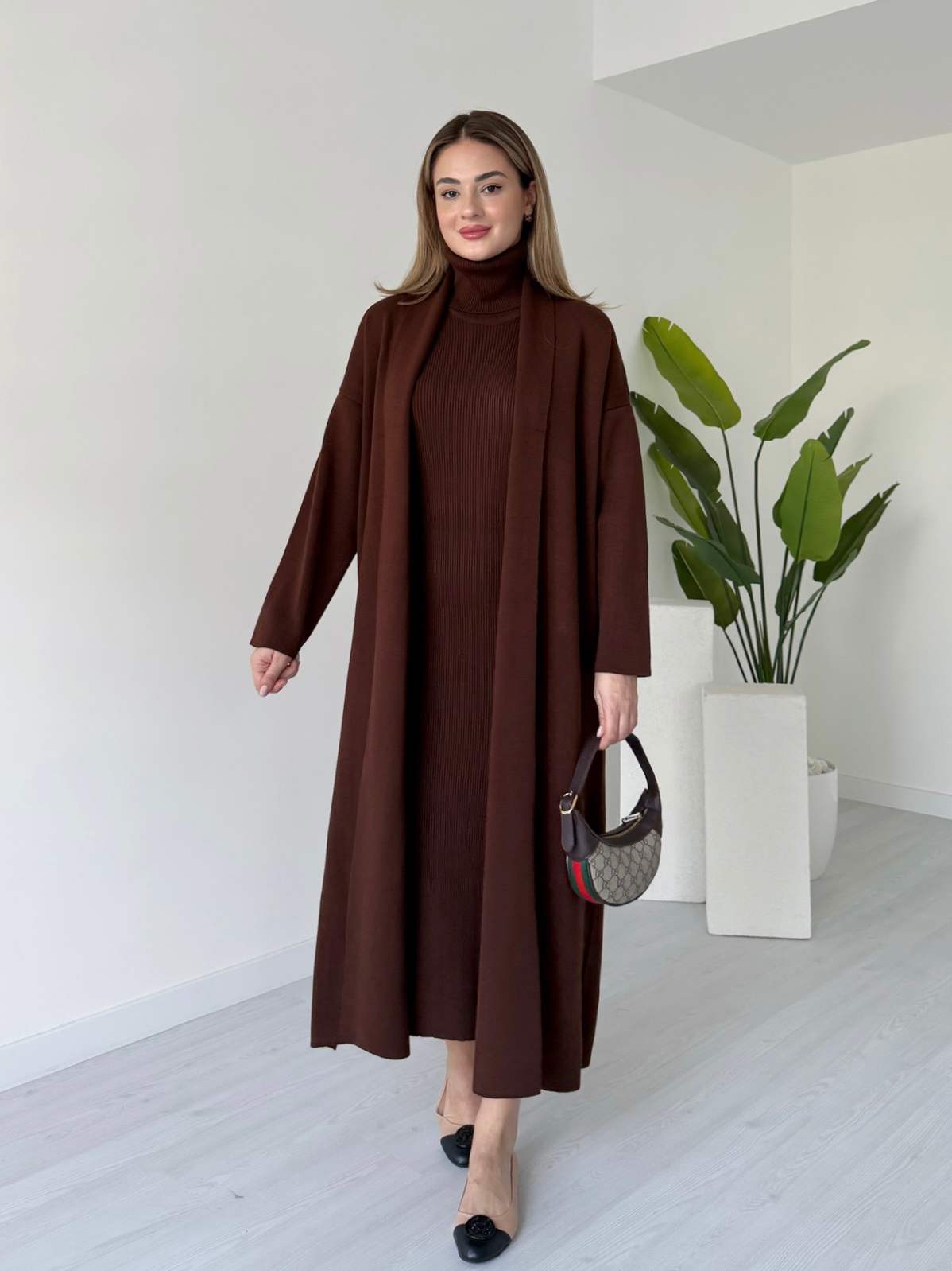 Acı Kahve Elbise Hırka Takım