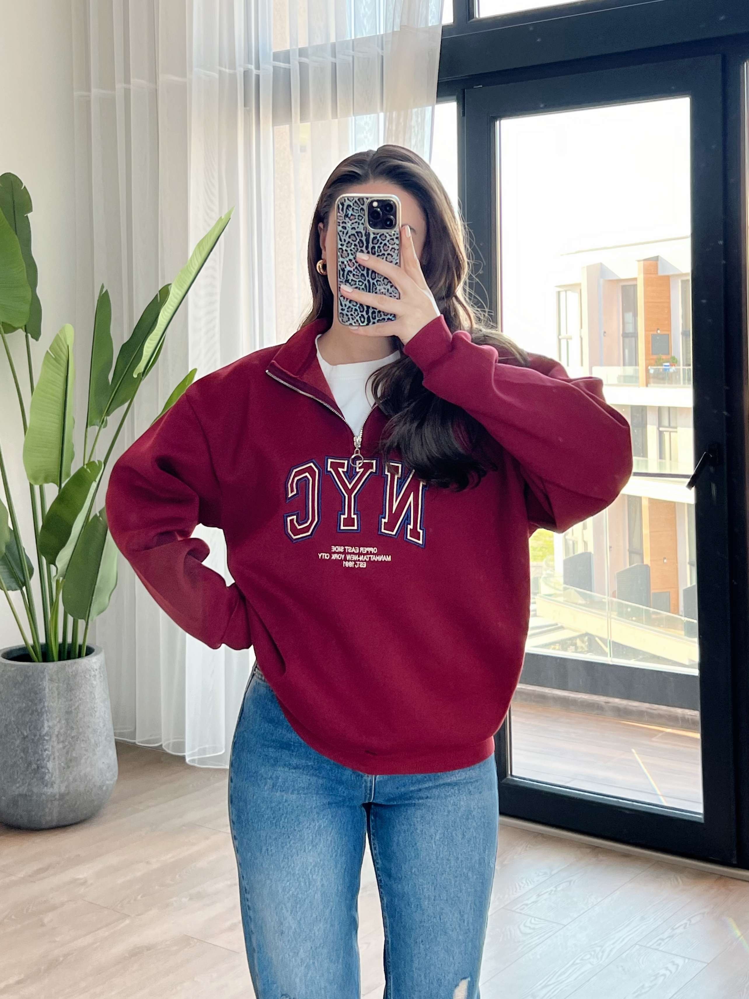 NYC Fermuarlı Sweatshirt - Bordo