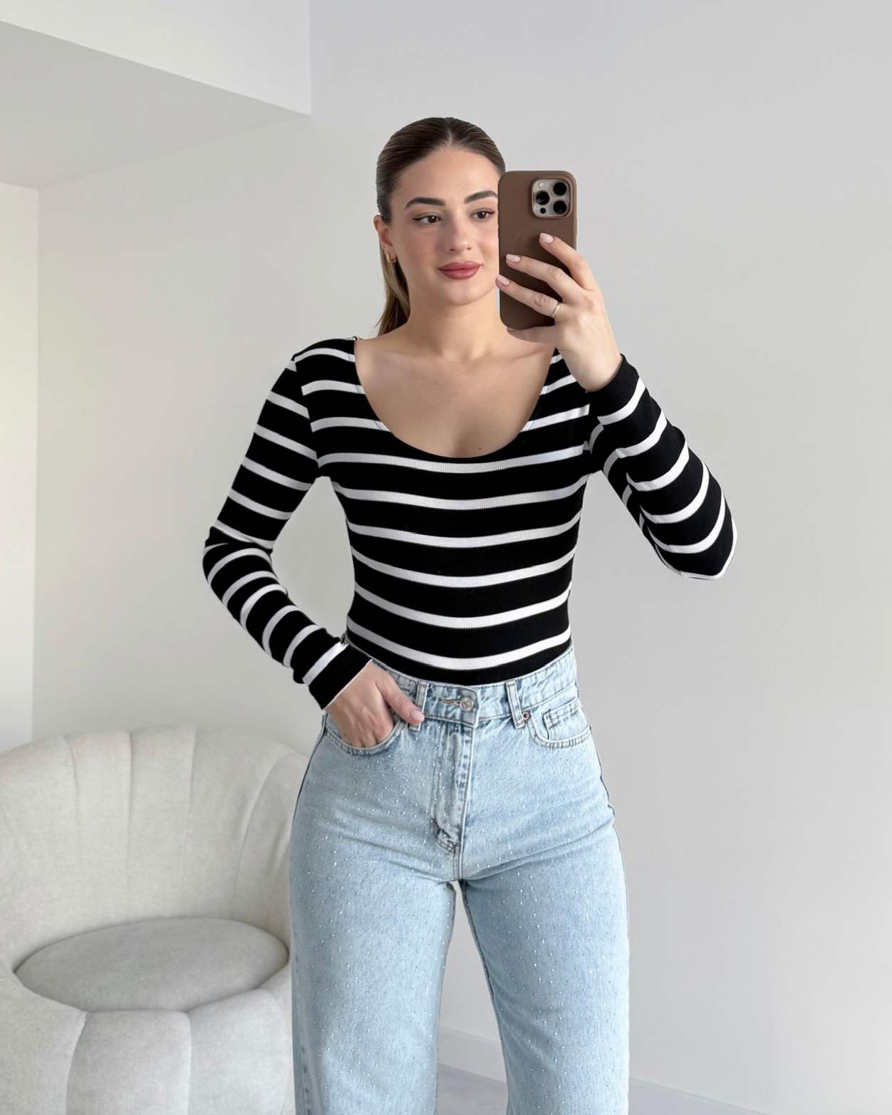 U Yaka Fitilli Bluz - Siyah-Beyaz