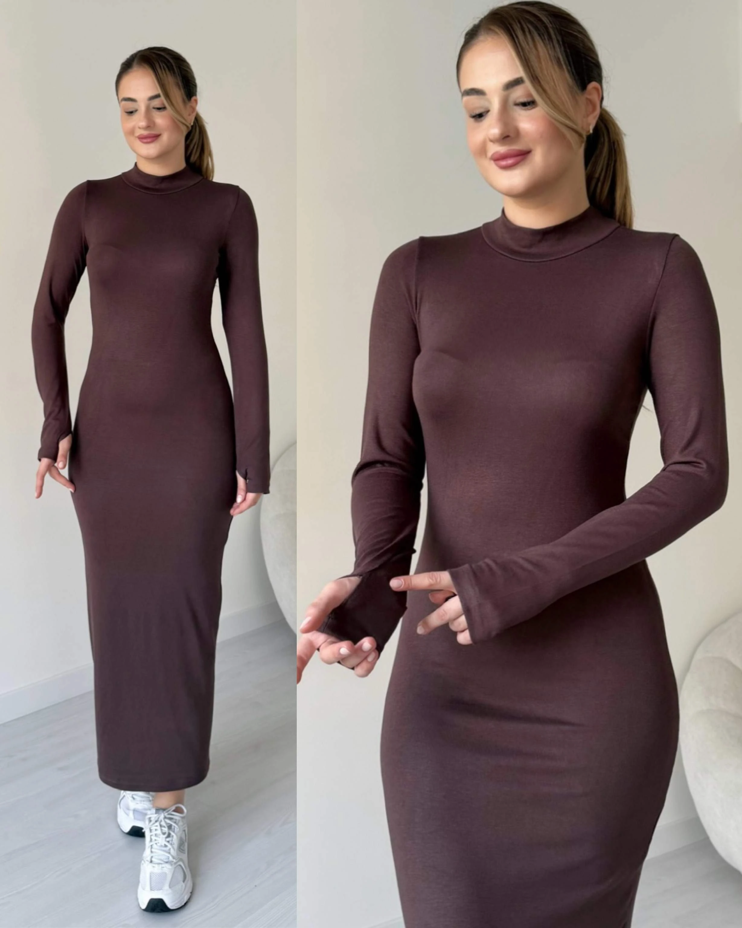 Parmak Geçirmeli Uzun Basic Elbise