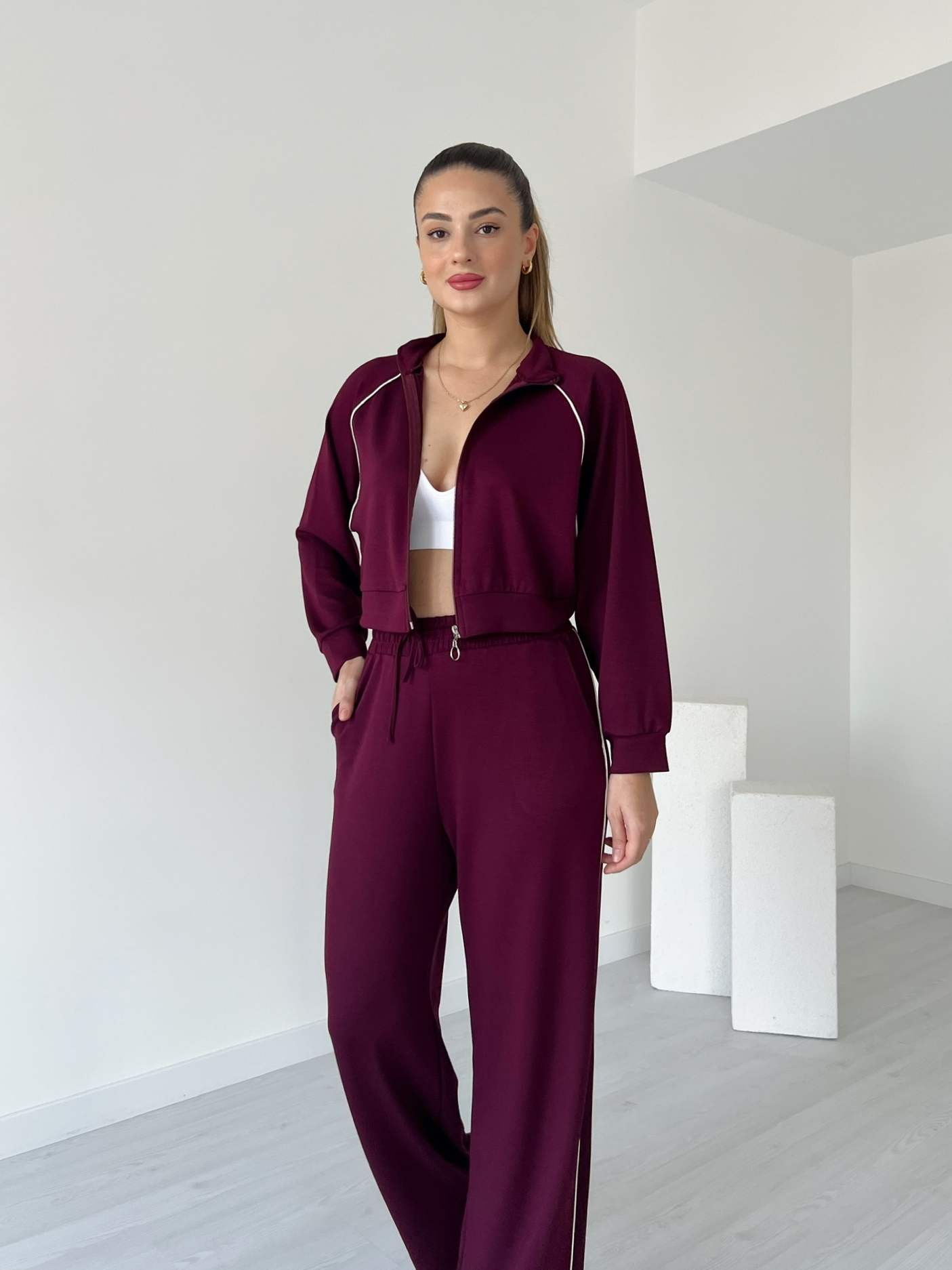 Modal Kumaş Biyeli Eşofman Takımı - Bordo